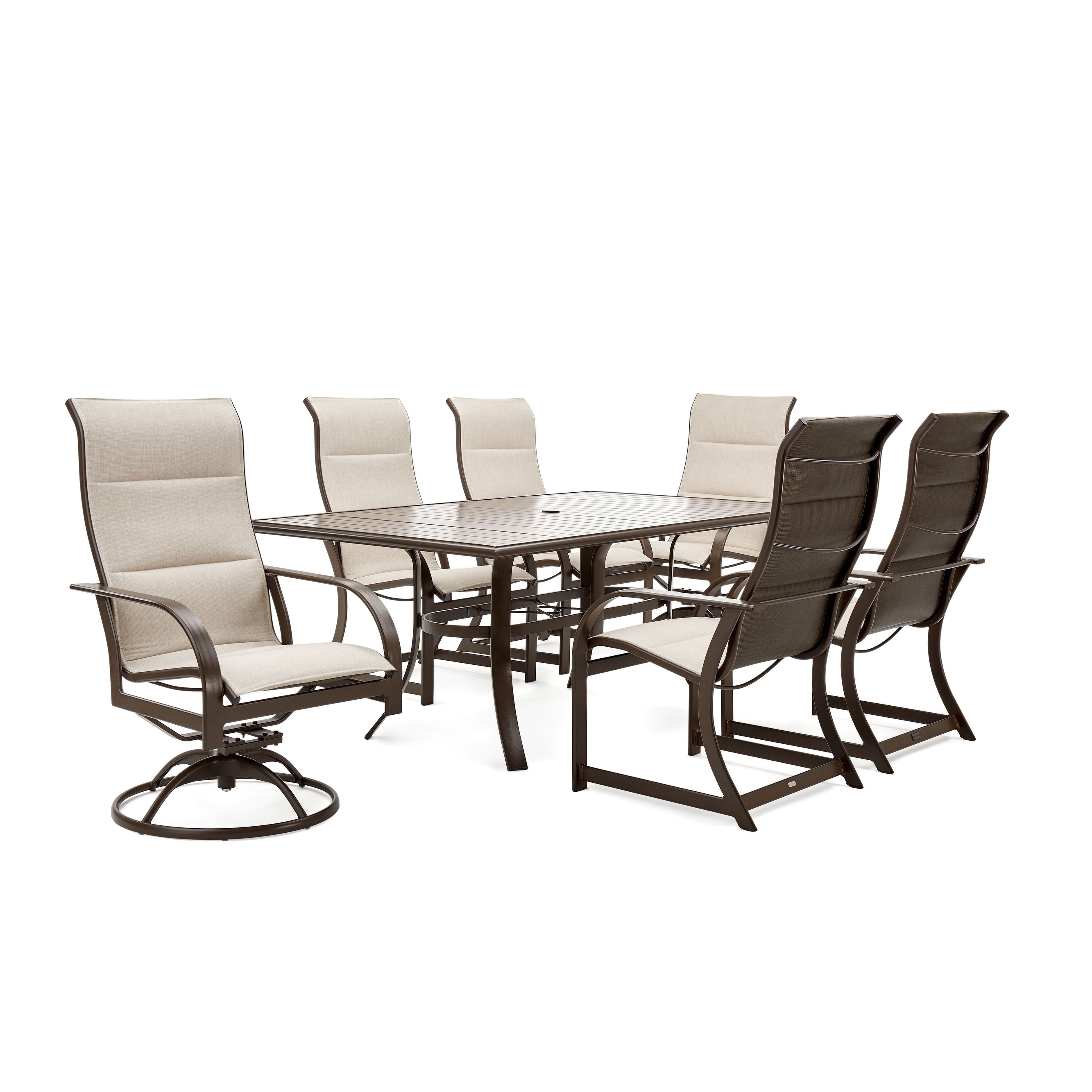 Key West Sunbrella Padded Sling 7 Piece Dining Set With 2 Swivel Dining Chairs  4 Dining Chairs  And Rectangular Dining Table