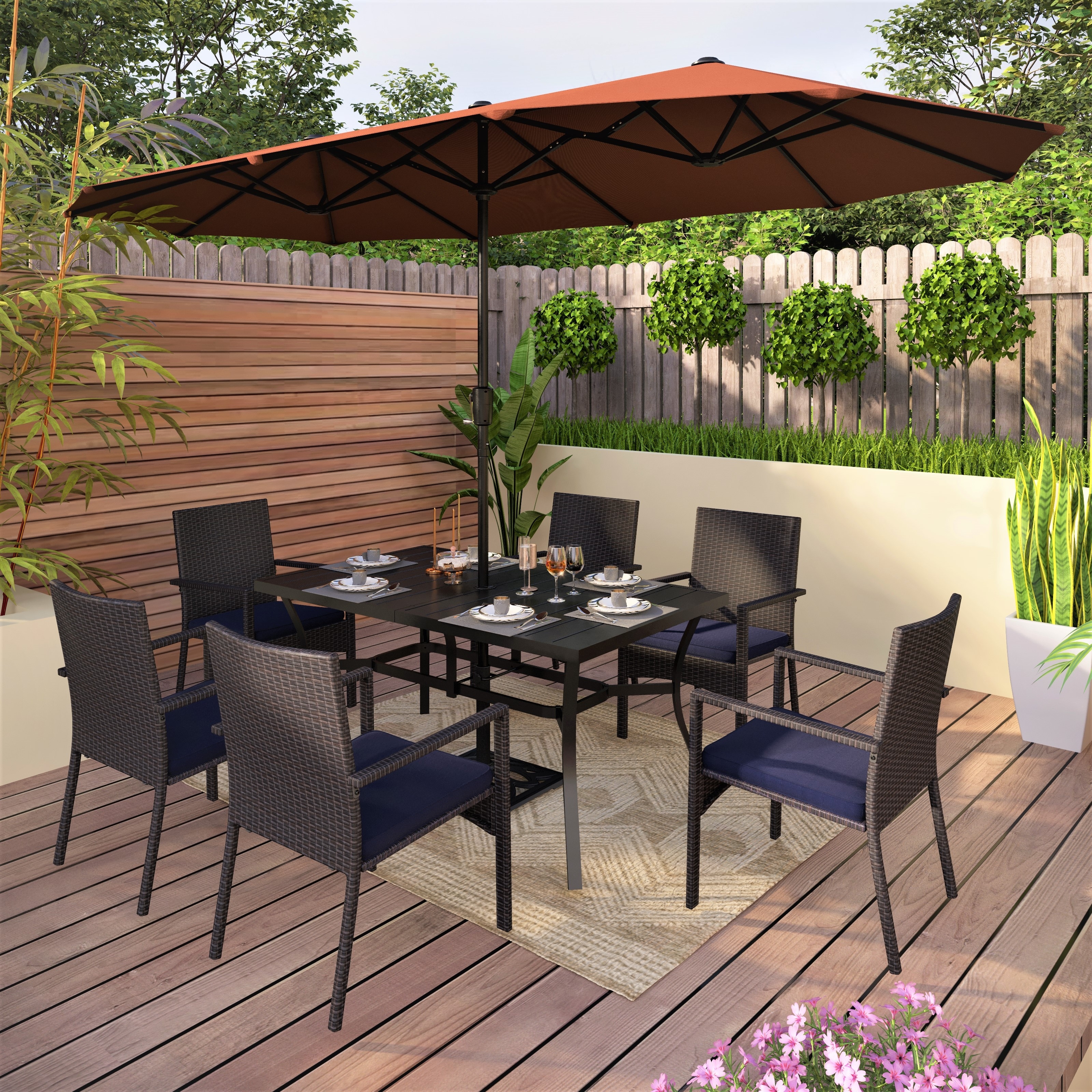 7/8 Pieces Outdoor Patio Dining Set  6 Pe Rattan Chairs With Cushions And 1 Rectangle Metal Table