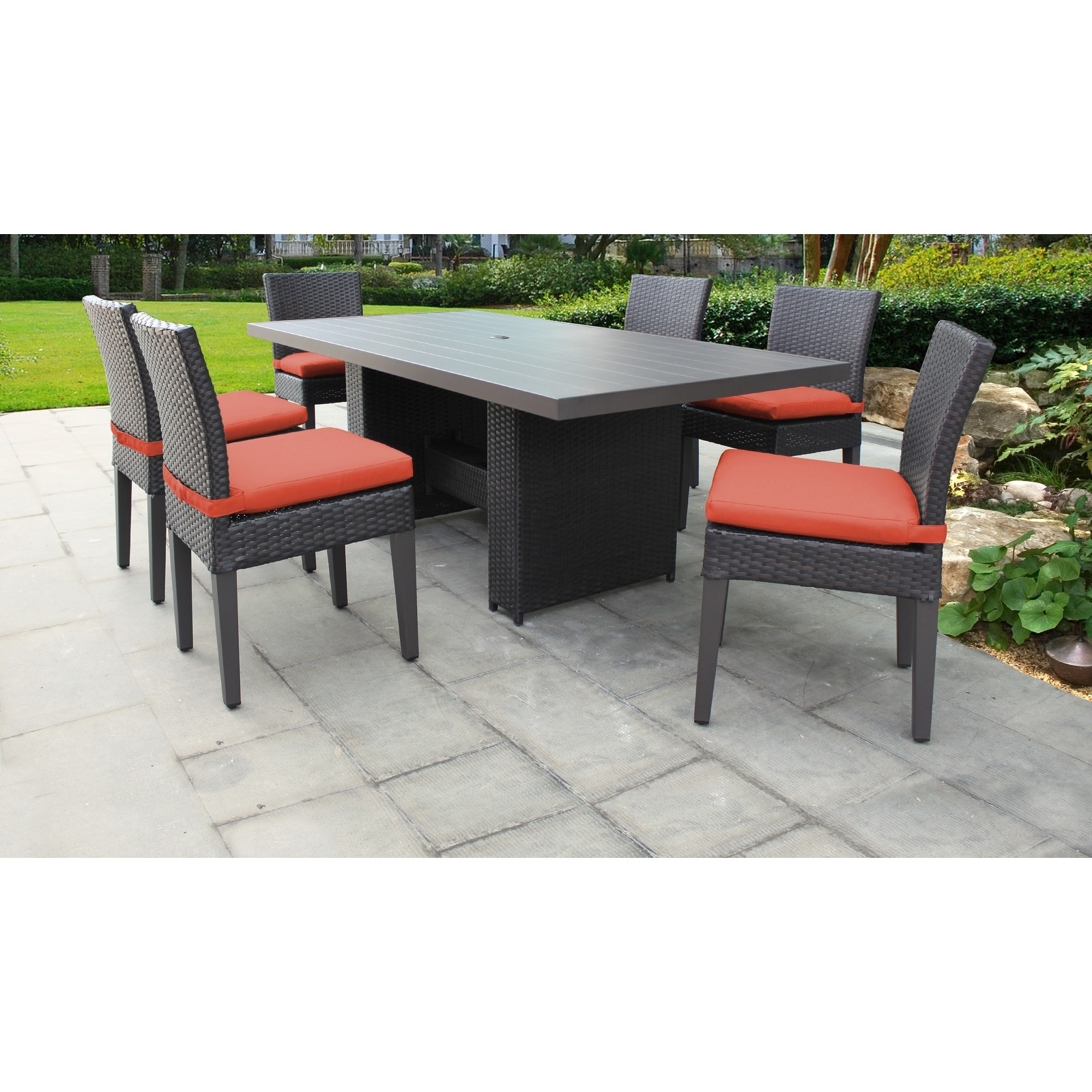 Belle Rectangular Outdoor Patio Dining Table With 6 Armless Chairs