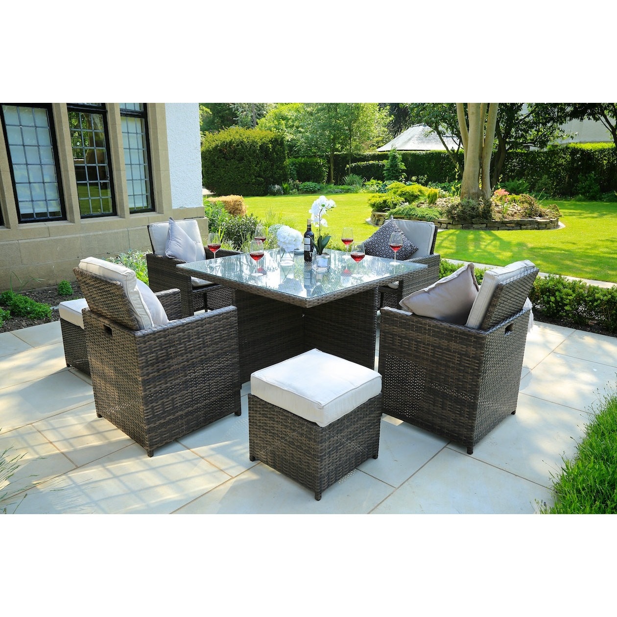 Cubo 9-piece Patio Cube Dining Set With Four Chairs And Four Footstools