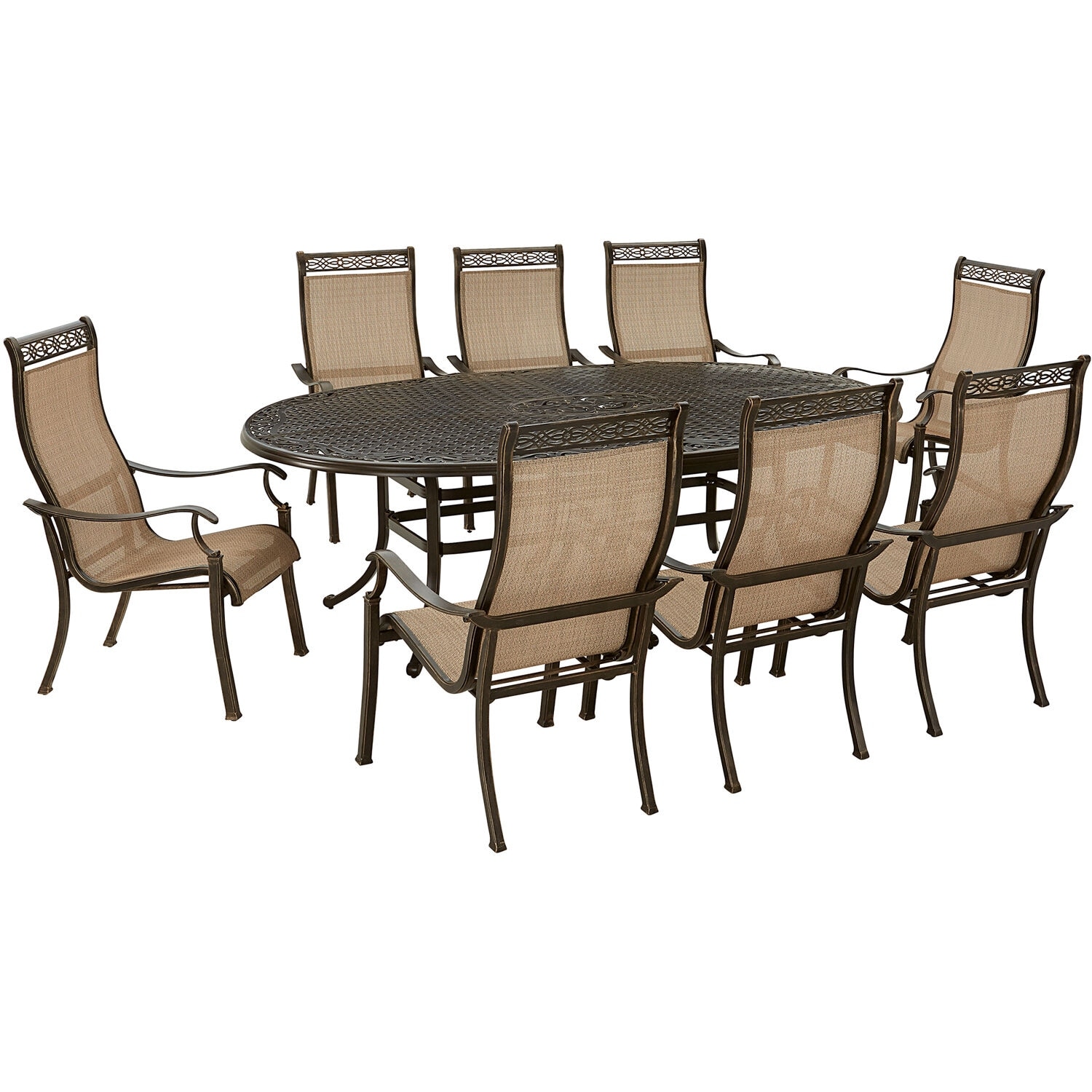 Hanover Manor 9-piece Outdoor Dining Set With 8 Sling Dining Chairs And 95-in. X 60-in. Oval Cast-top Dining Table