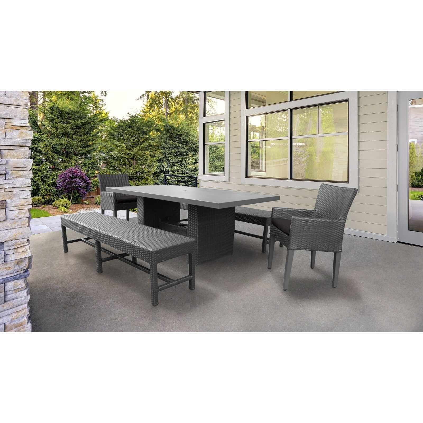 Barbados Rectangular Outdoor Patio Dining Table With 2 Chairs W/ Arms And 2 Benches