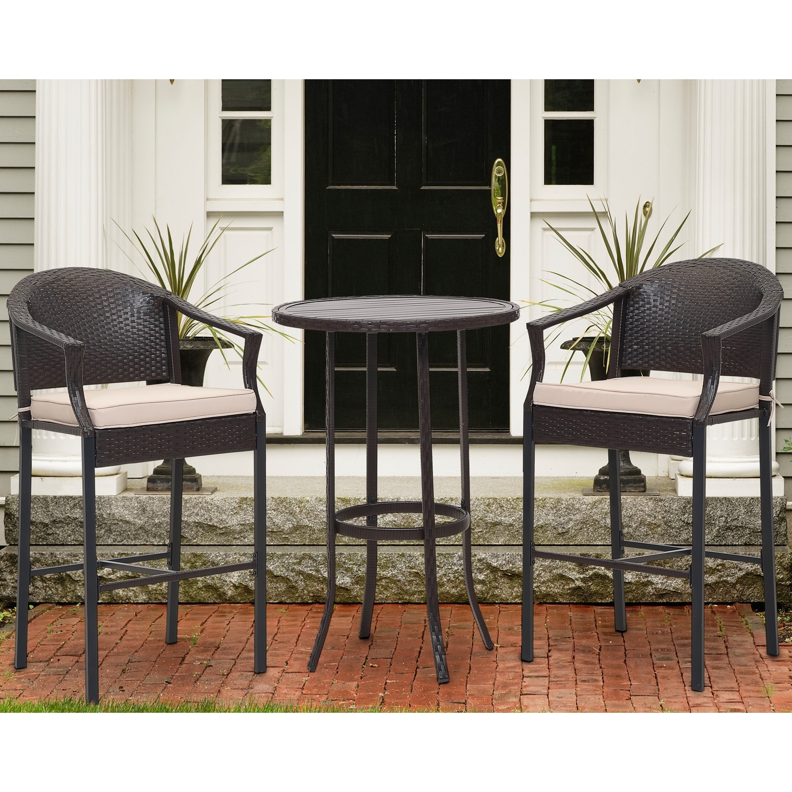 3-piece Outdoor Wicker Patio Bar Stools With Table Set