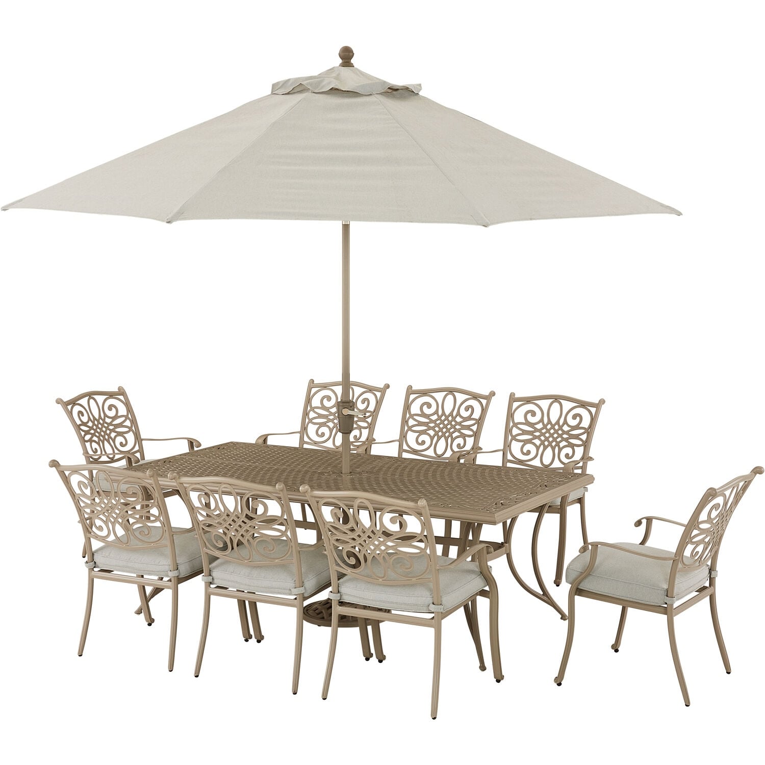 Hanover Traditions 9-piece Dining Set With 8 Stationary Chairs And 42-in. X 84-in. Table  11-ft. Umbrella  And Stand  Sand