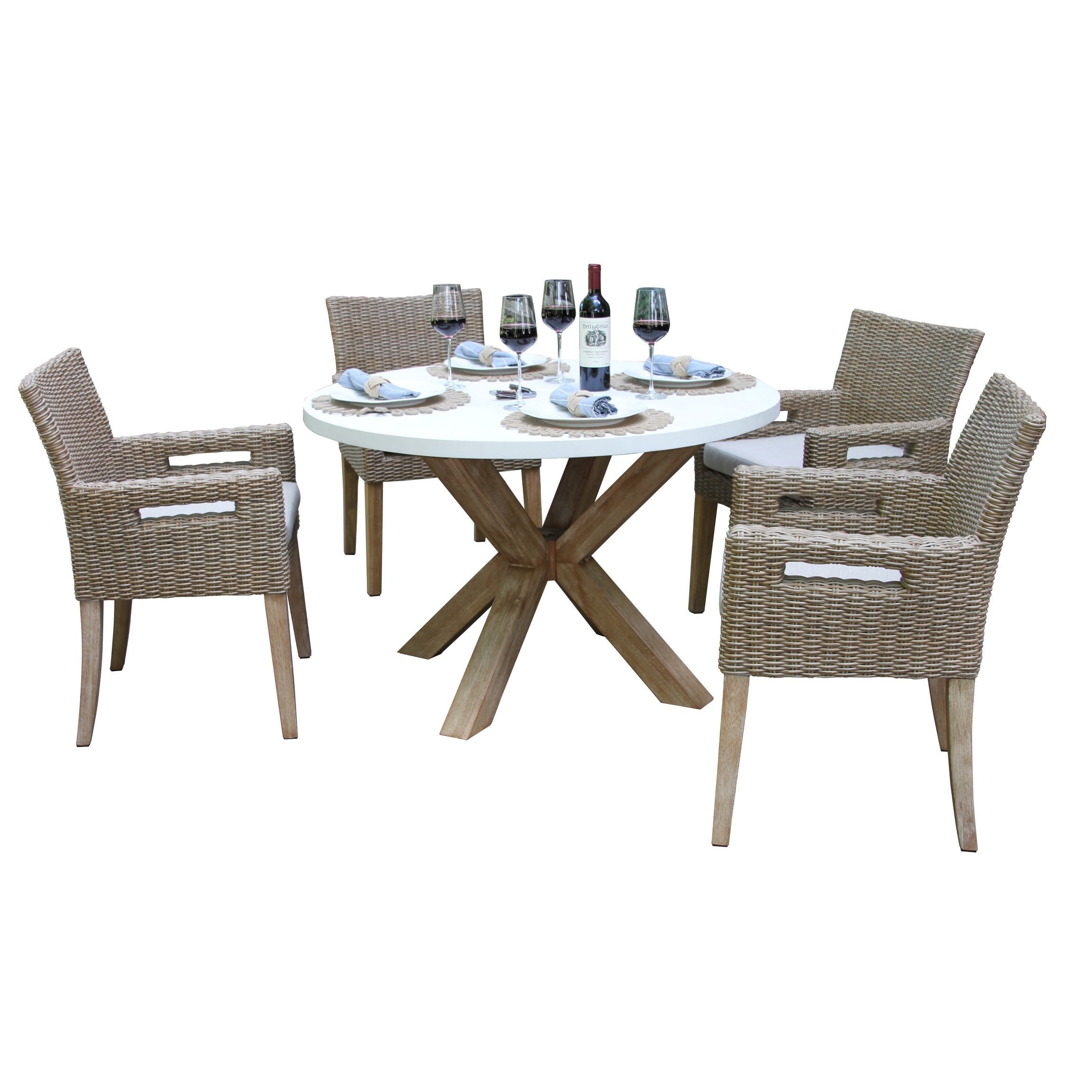 Cordelia 48 Ivory Composite Dining Table With 4 Wheat Wicker Chairs