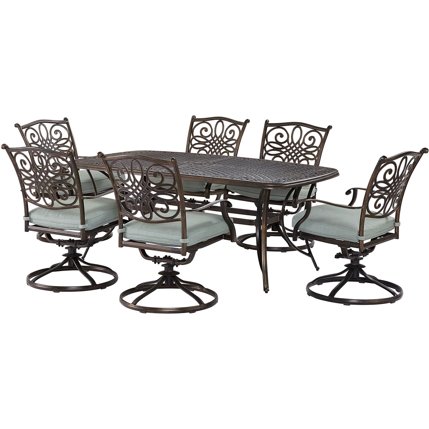 Agio Renditions 7-piece Set With 6 Swivel Rockers And 38-in. X 72-in. Cast-top Table  Featuring Sunbrellaand Fabric In Mist Blue