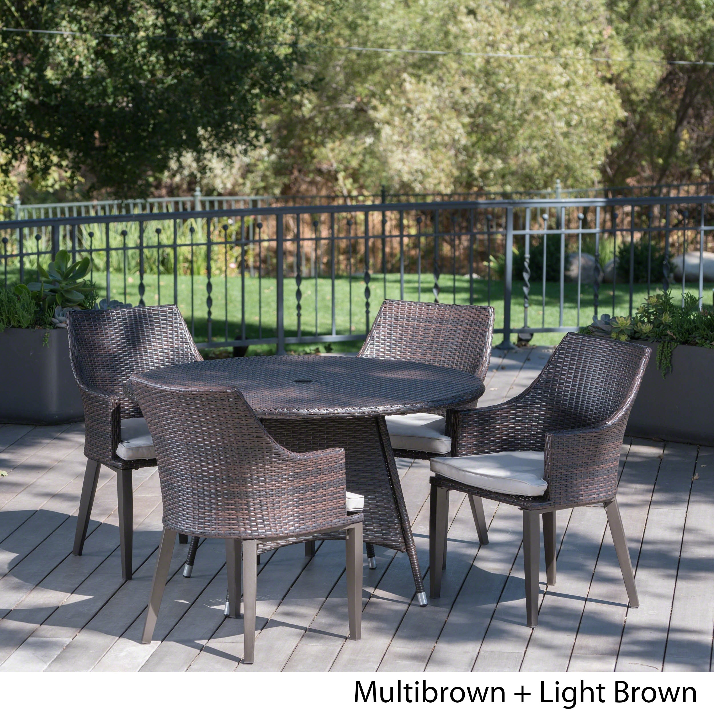 Hillhurst Outdoor 5-piece Round Wicker Dining Set With Cushions and Umbrella Hole By Christopher Knight Home