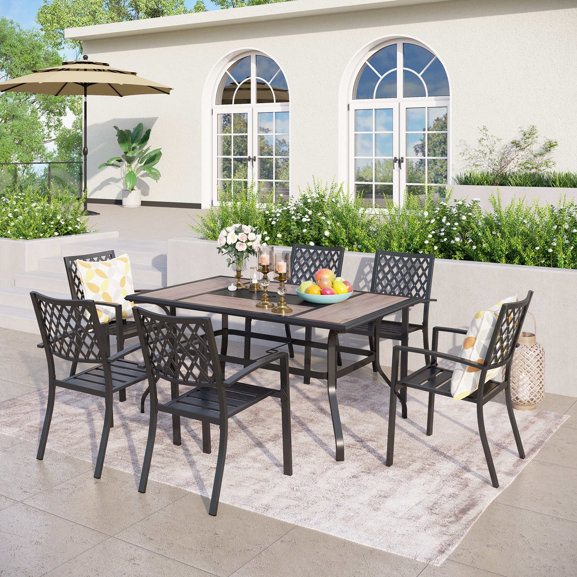 7 Pieces Patio Steel Dining Set With 6 Stackable Steel Dining Chairs And 1 Patio Umbrella Rectangle Table
