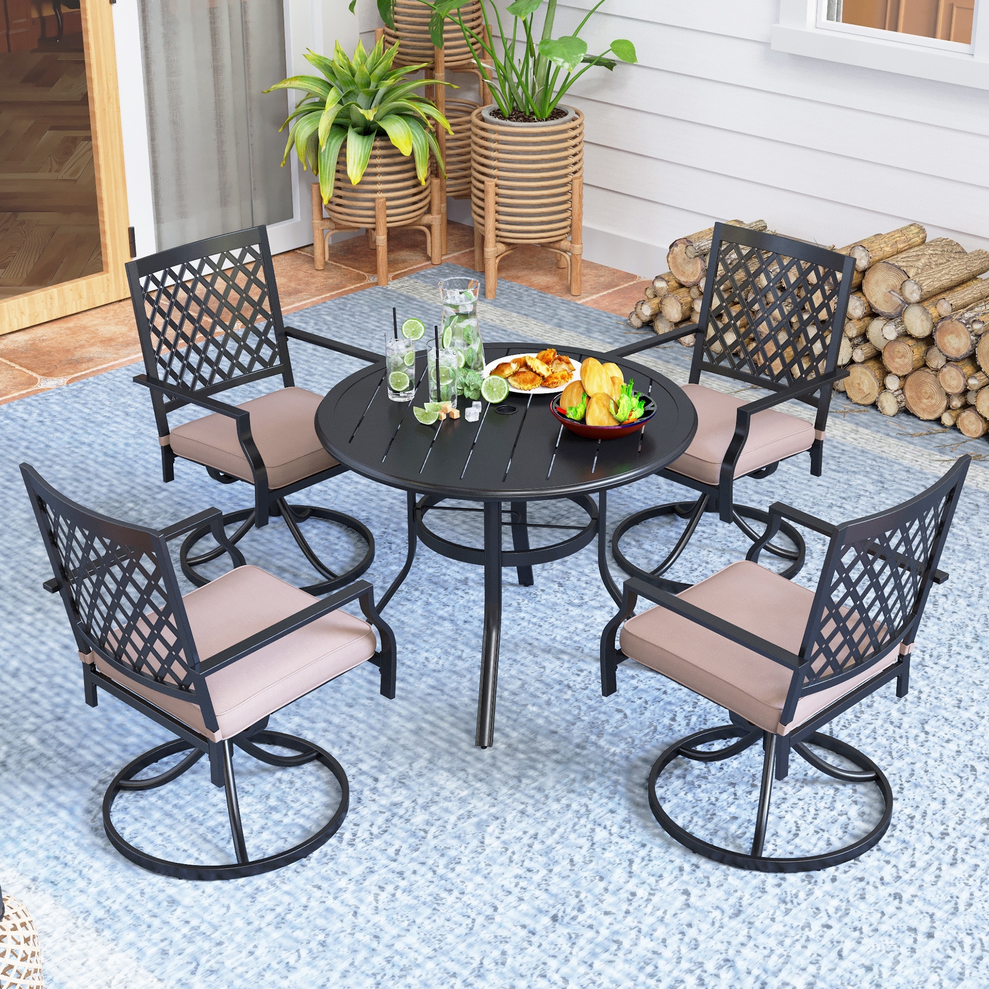 Mfstudio 5 Piece Outdoor Patio Dining Set  4 Swivel Armrest Chairs With Cushions And 37.8 Round Table With 1.57 Umbrella Hole