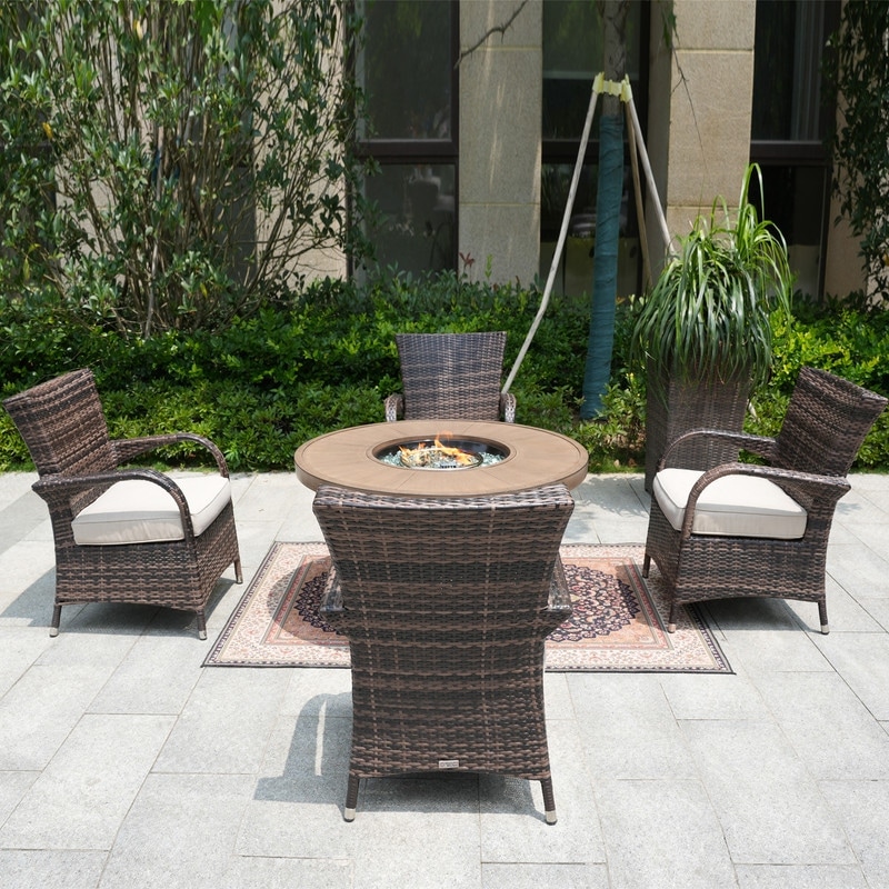 Patio Brown Wicker Arm Chairs With Round Firepit Table