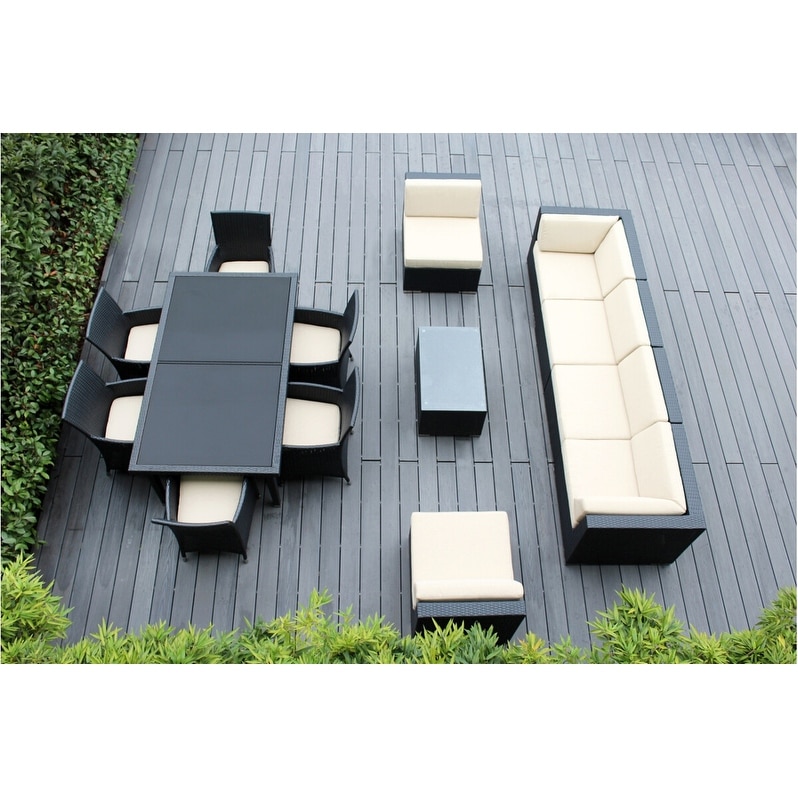 Ohana Outdoor Patio 14 Piece Black Wicker Sofa And Dining Set