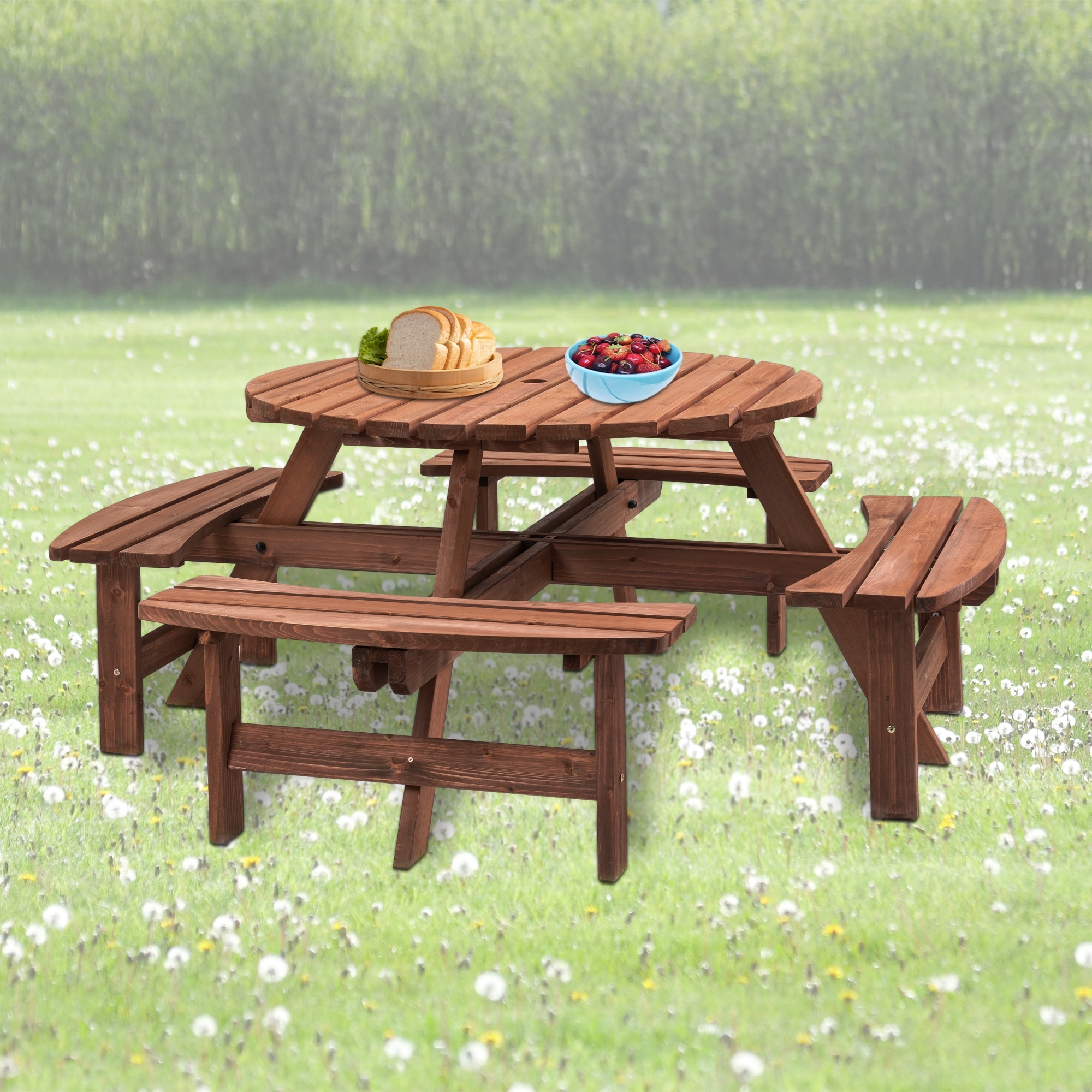 Outdoor Wooden Picnic Table With 4 Built-in Benches For 8-person