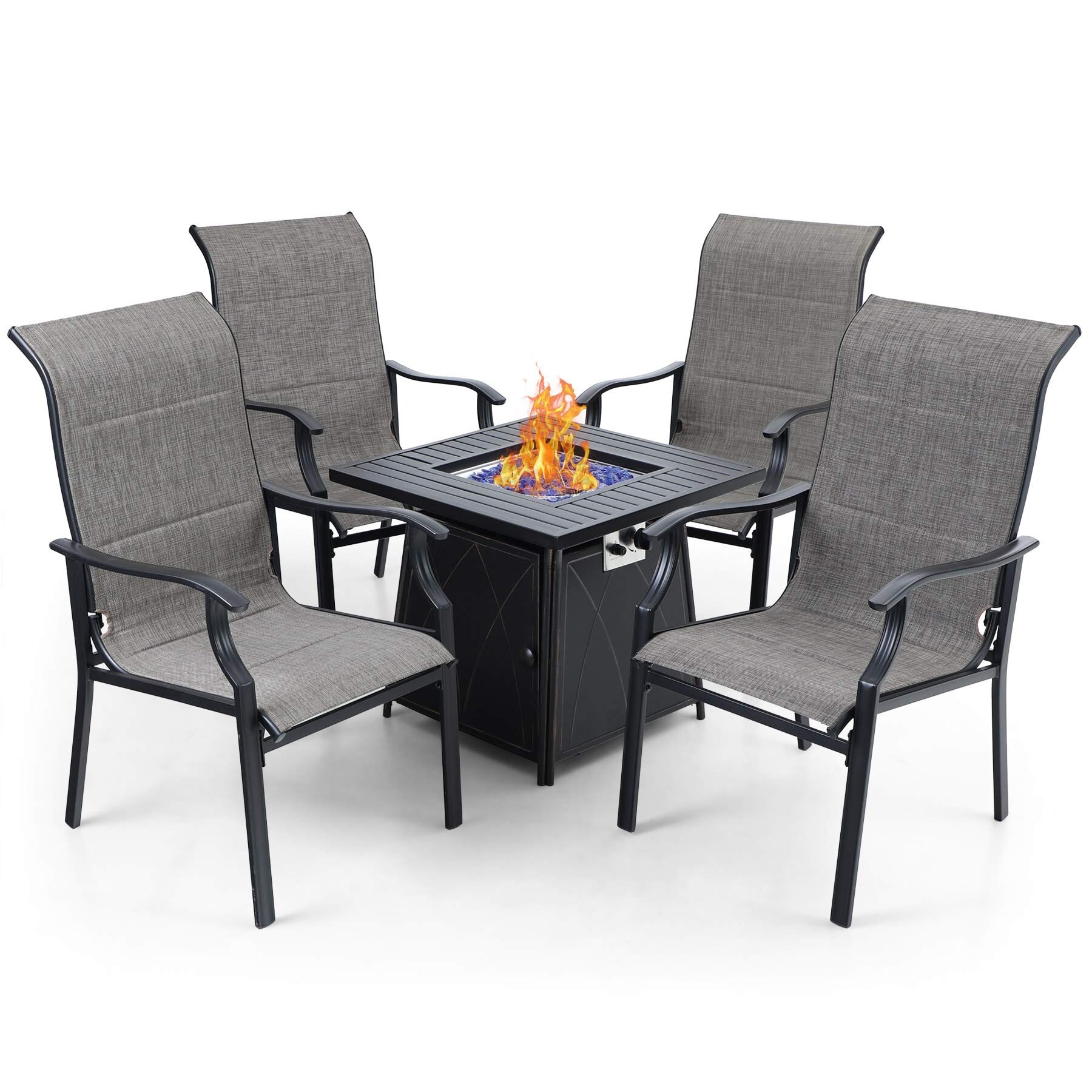 Mfstudio 5-piece Outdoor Fire Pit Set  28 Inch Square Propane Gas Fire Pit Table With 4 Padded Textilene Fabric Chairs