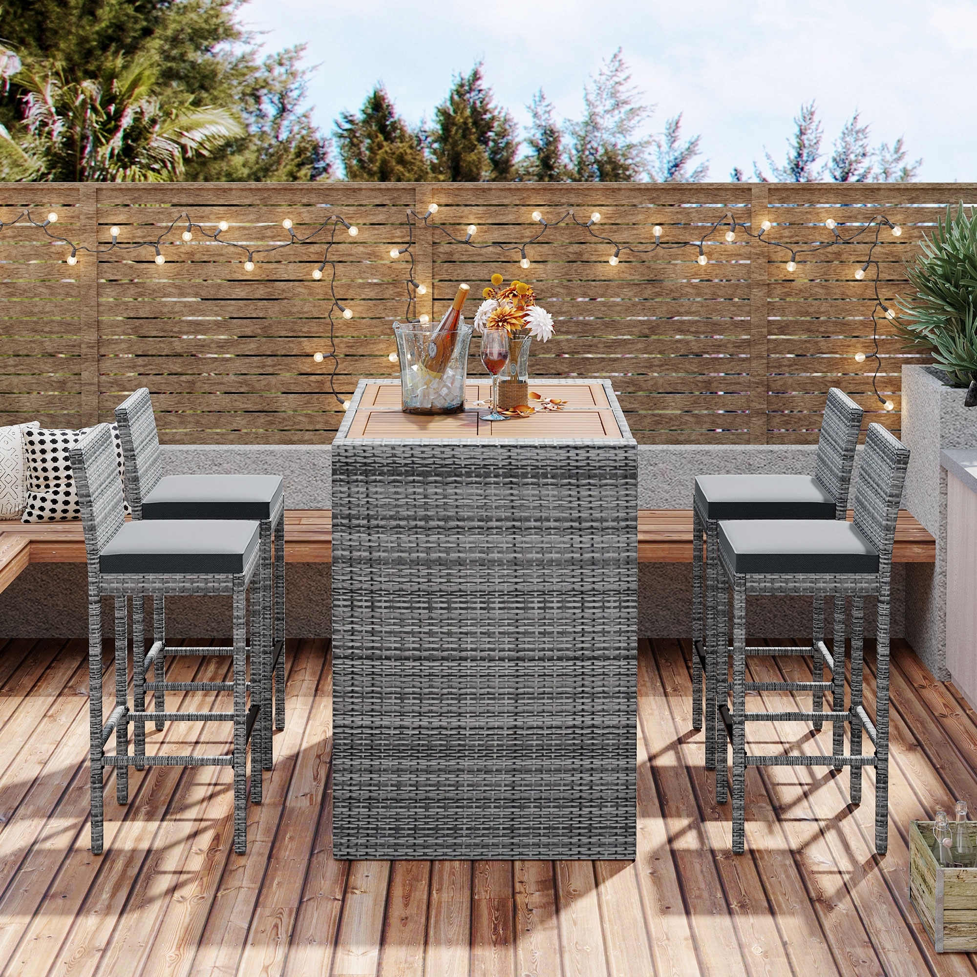 5 Pcs Outdoor Wicker Bar Set Bar Dining Set With Height Chairs and Acacia Wood Table Top gray
