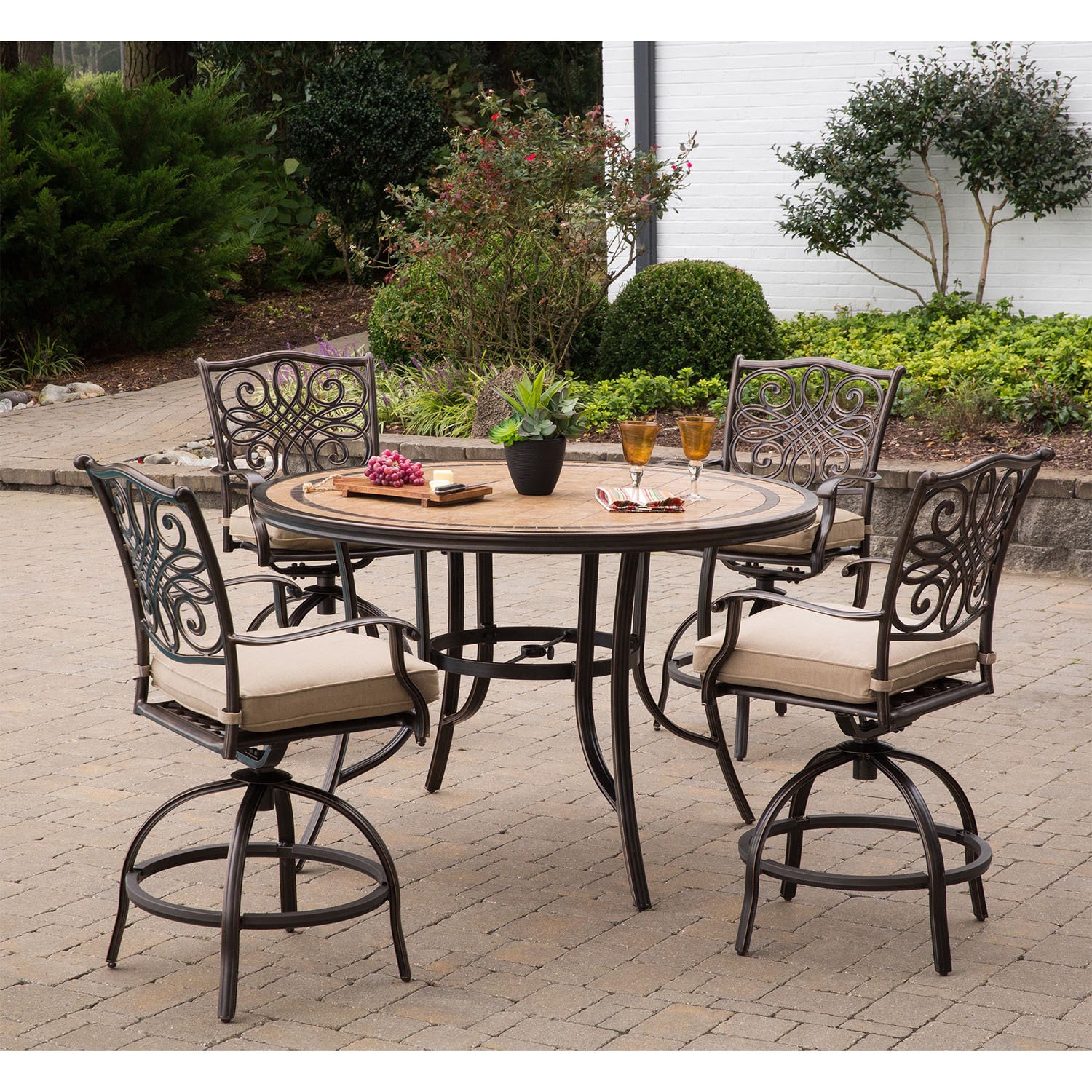 Monaco 5-piece High-dining Set In Tan With 6 Swivel Chairs And A 56 In. Tile-top Table