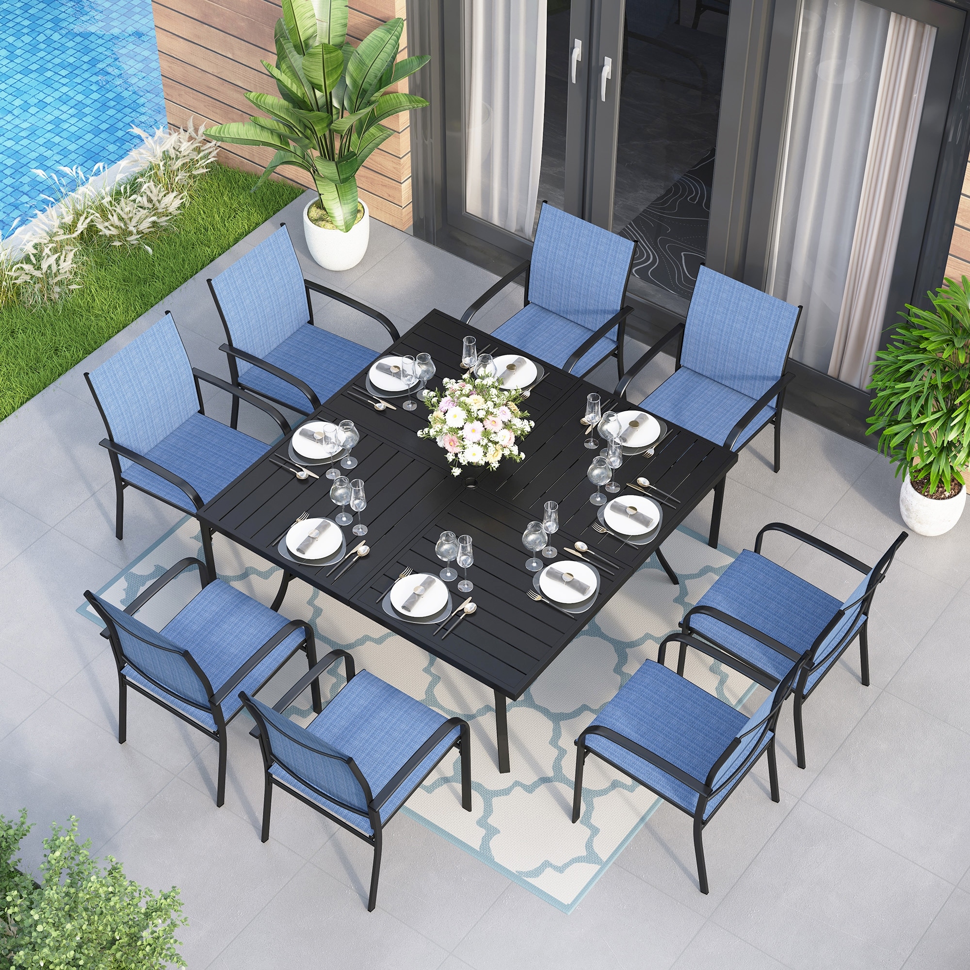 9-piece Patio Dining Set  60 Inch Square Metal Table And 8 Textilene Dining Chairs