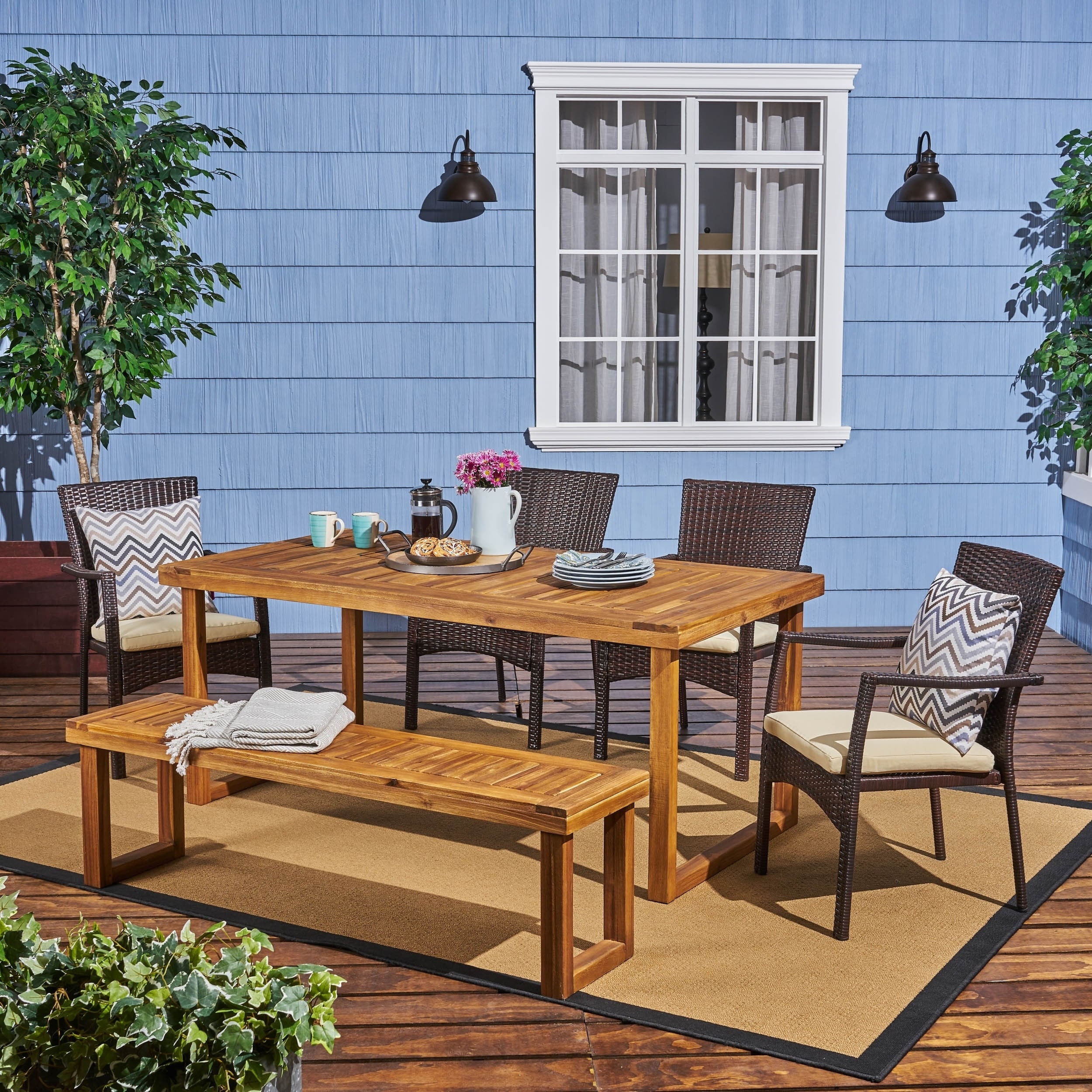 Garner Outdoor Aluminum Dining Set With Wicker Chairs And Bench