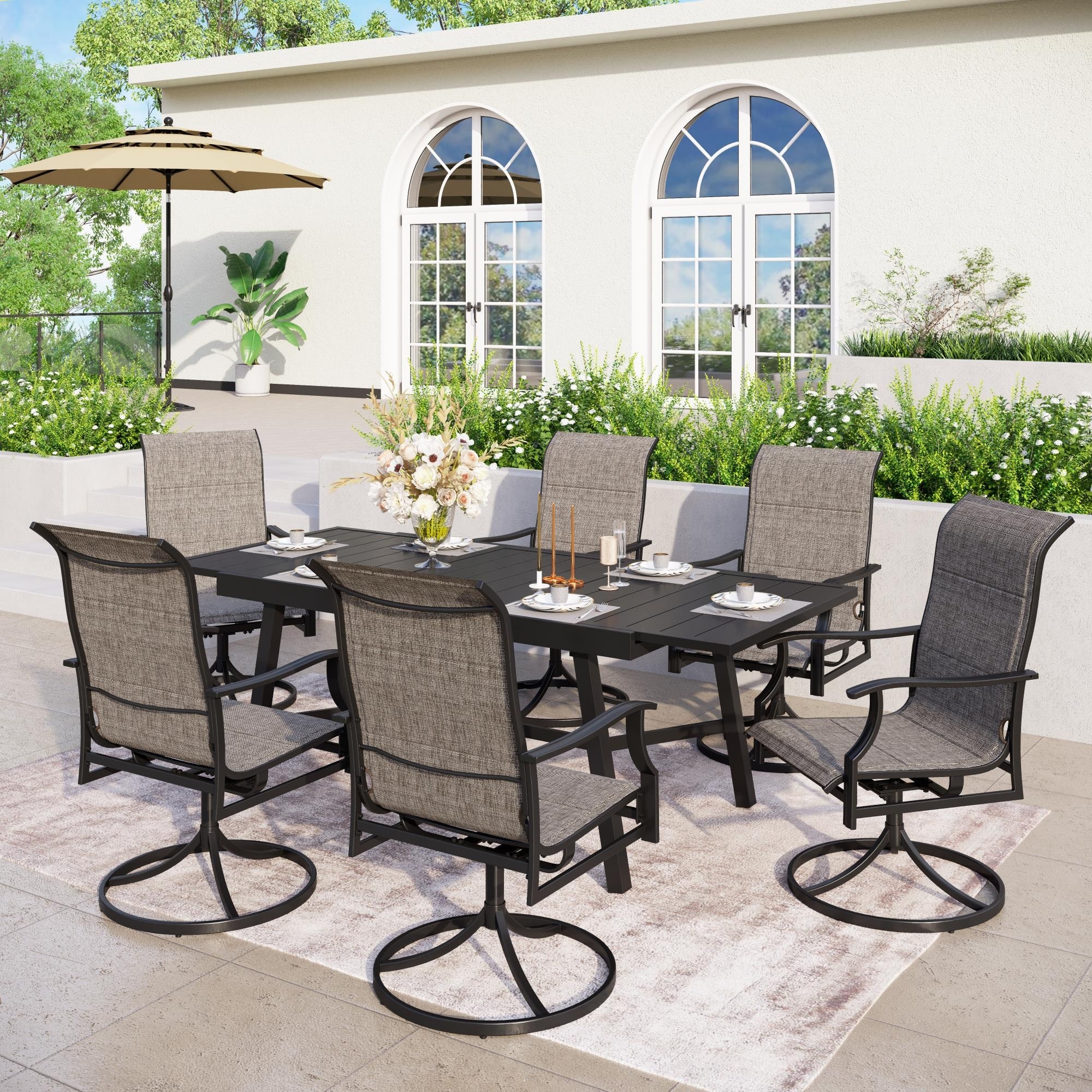 7/9 Patio Dining Set  6/8 Sling Patio Swivel Dining Chairs And 1 Expandable Metal Dining Table