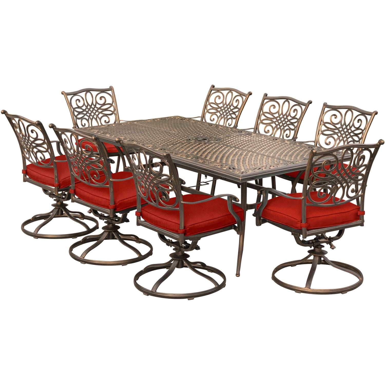 Hanover Traditions 9-piece Dining Set In Red With 8 Swivel Rockers And A 84 X 42 Cast-top Dining Table