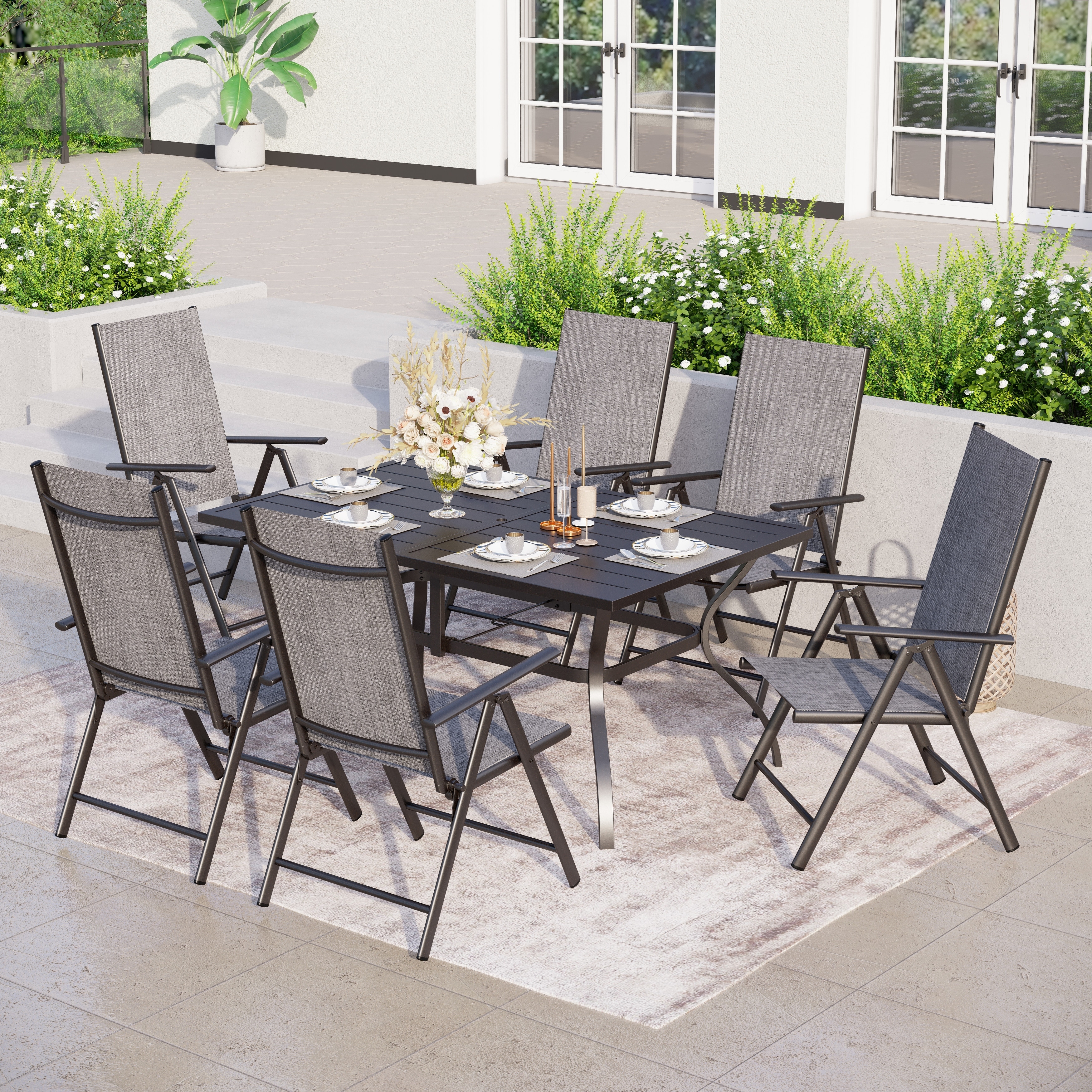 Mfstudio 7 Pieces Dining Set  6 X Reclining Folding Sling Dining Chairs And 1 X Table With An Umbrella Hole