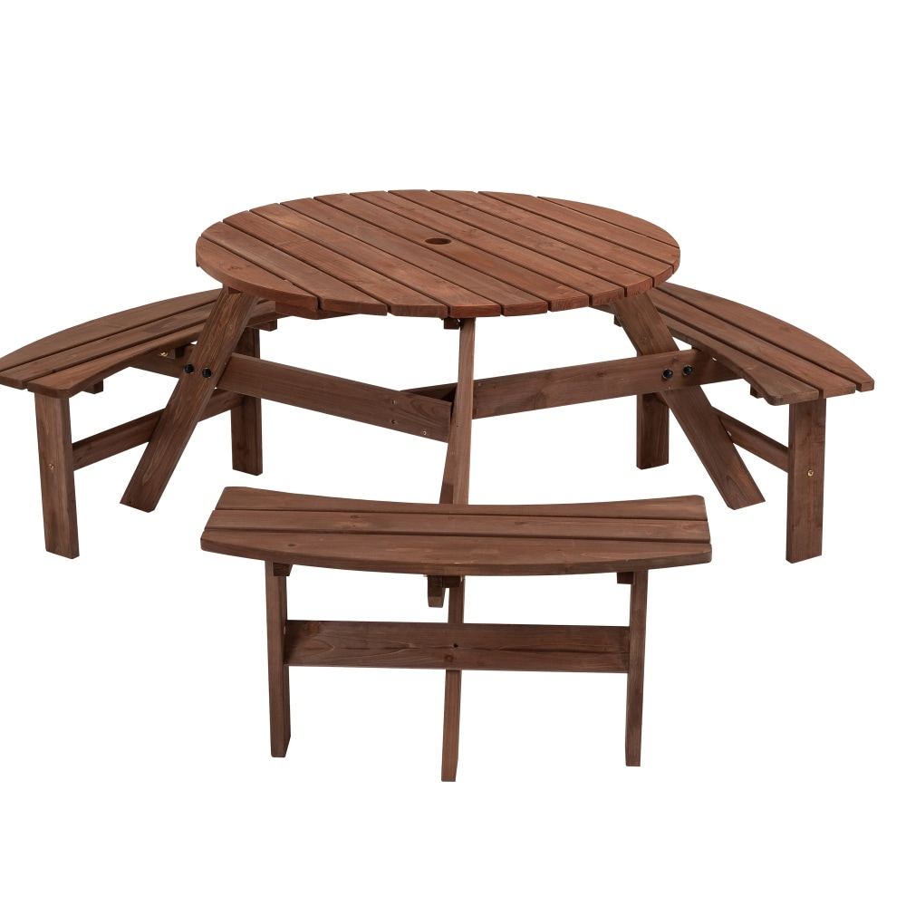 6-person Circular Outdoor Wooden Picnic Table With 3 Benches