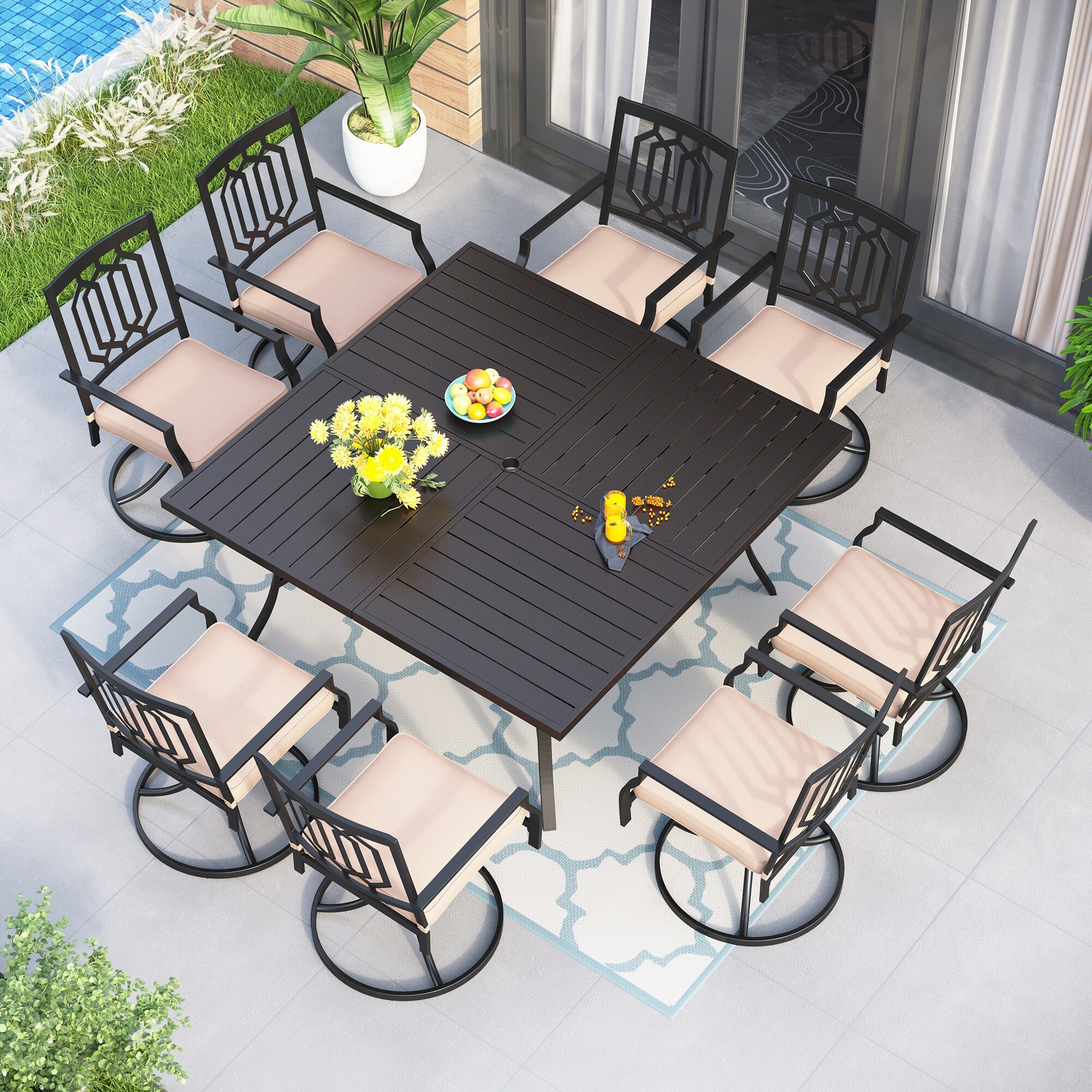 9-piece Patio Dining Set  60 Inch Square Metal Table And 8 Swivel Dining Chairs