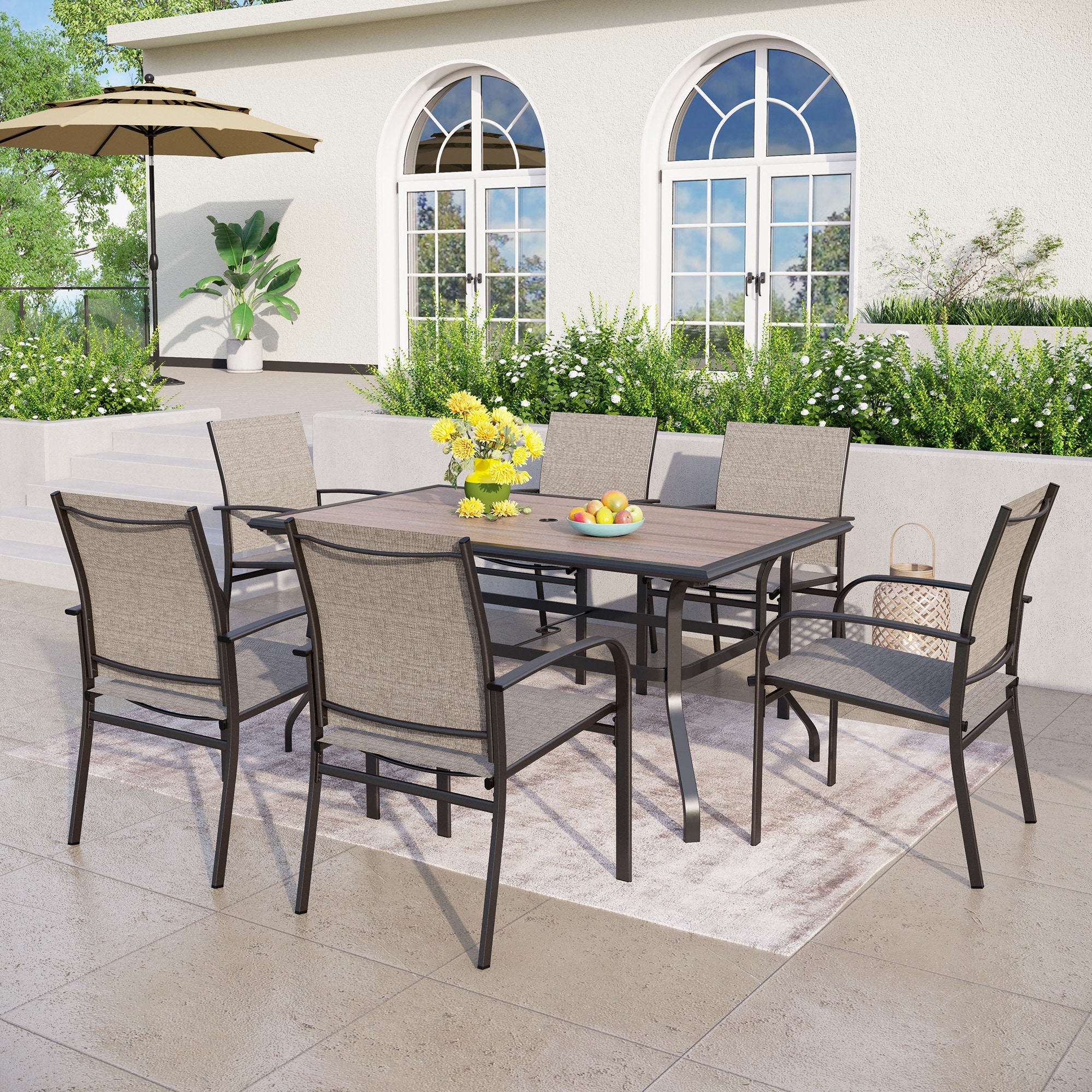 7-piece Patio Dining Set Wood-look Rectangle Table And 6 Textilene Chairs
