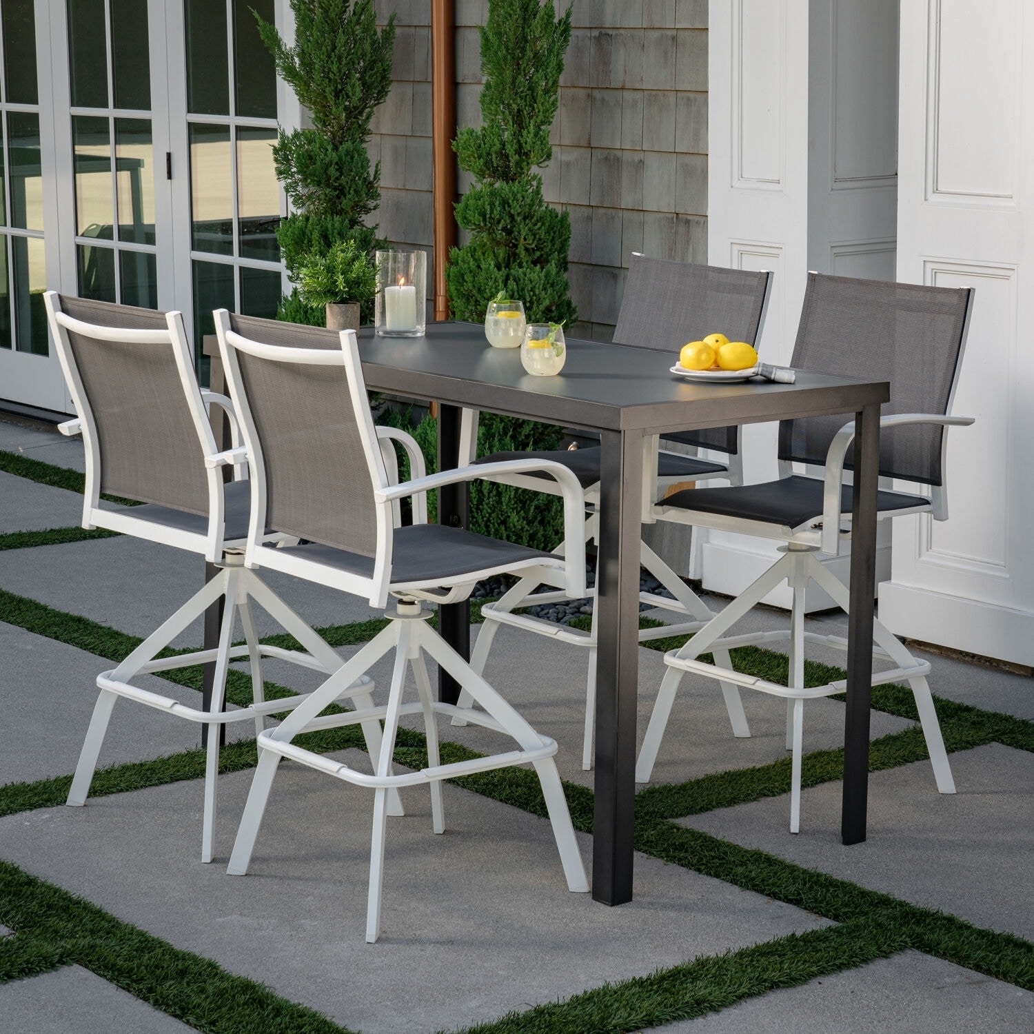 Hanover Naples 5-piece Outdoor High-dining Set With 4 Swivel Bar Chairs And A Glass-top Bar Table  White/gray
