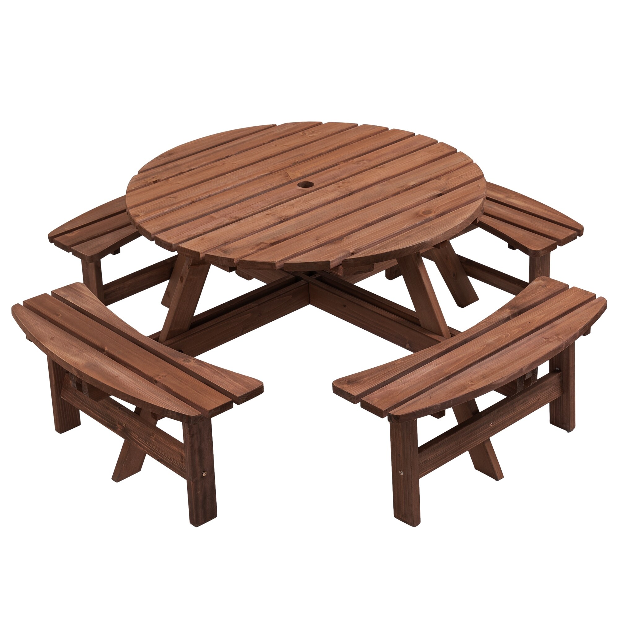 8 Person Wooden Picnic Table Outdoor Dining Table Set With Seat And Umbrella Hole For Patio  Backyard