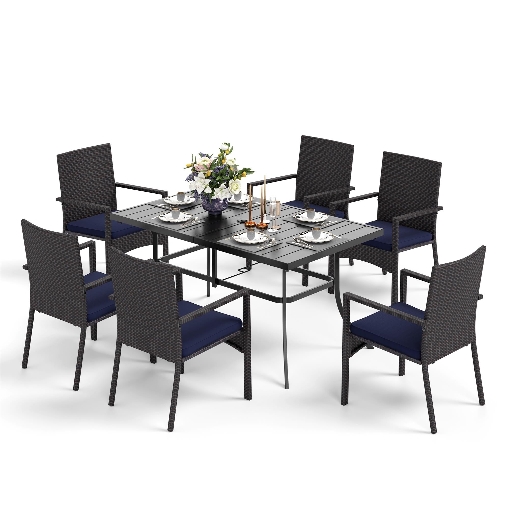 7/8 Pieces Outdoor Patio Dining Set  6 Pe Rattan Chairs With Cushions And 1 Rectangle Metal Table