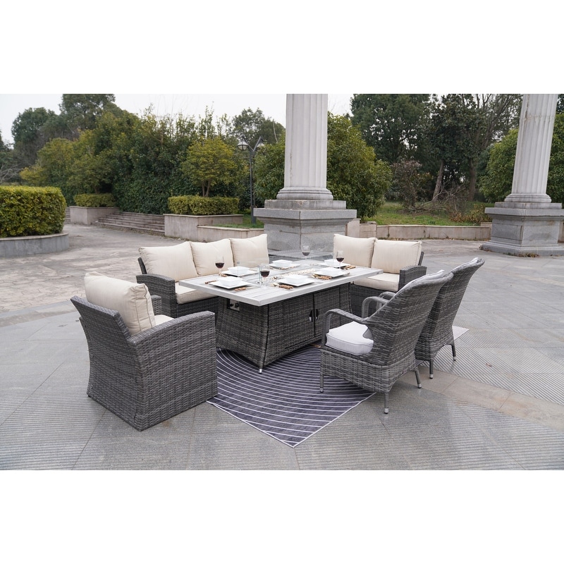 7-piece Patio Rattan Sofa Set With Alum Dining Table And Armchairs