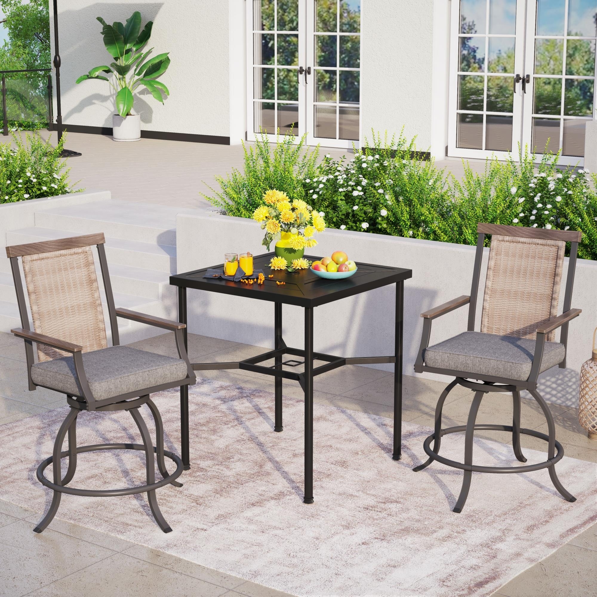Patio Bar Stool Set Rattan Chair Back Cushioned High Bar Stool and Geometrically Stamped High Table