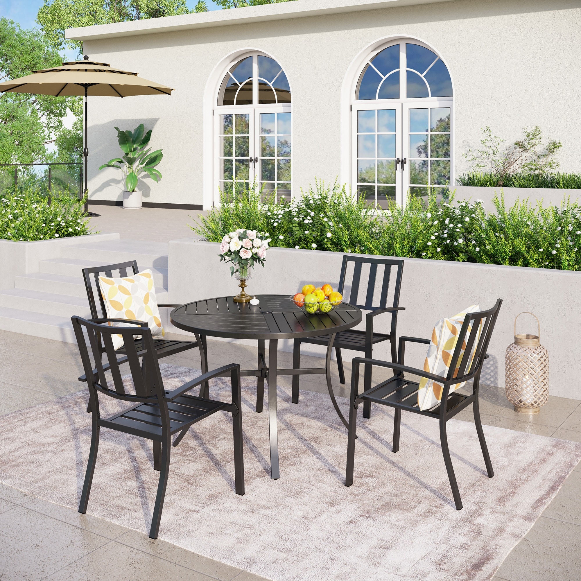 Patio Time 5-piece Geometrically Stamped Round Table and Stackable Dining Chairs Outdoor Dining Set