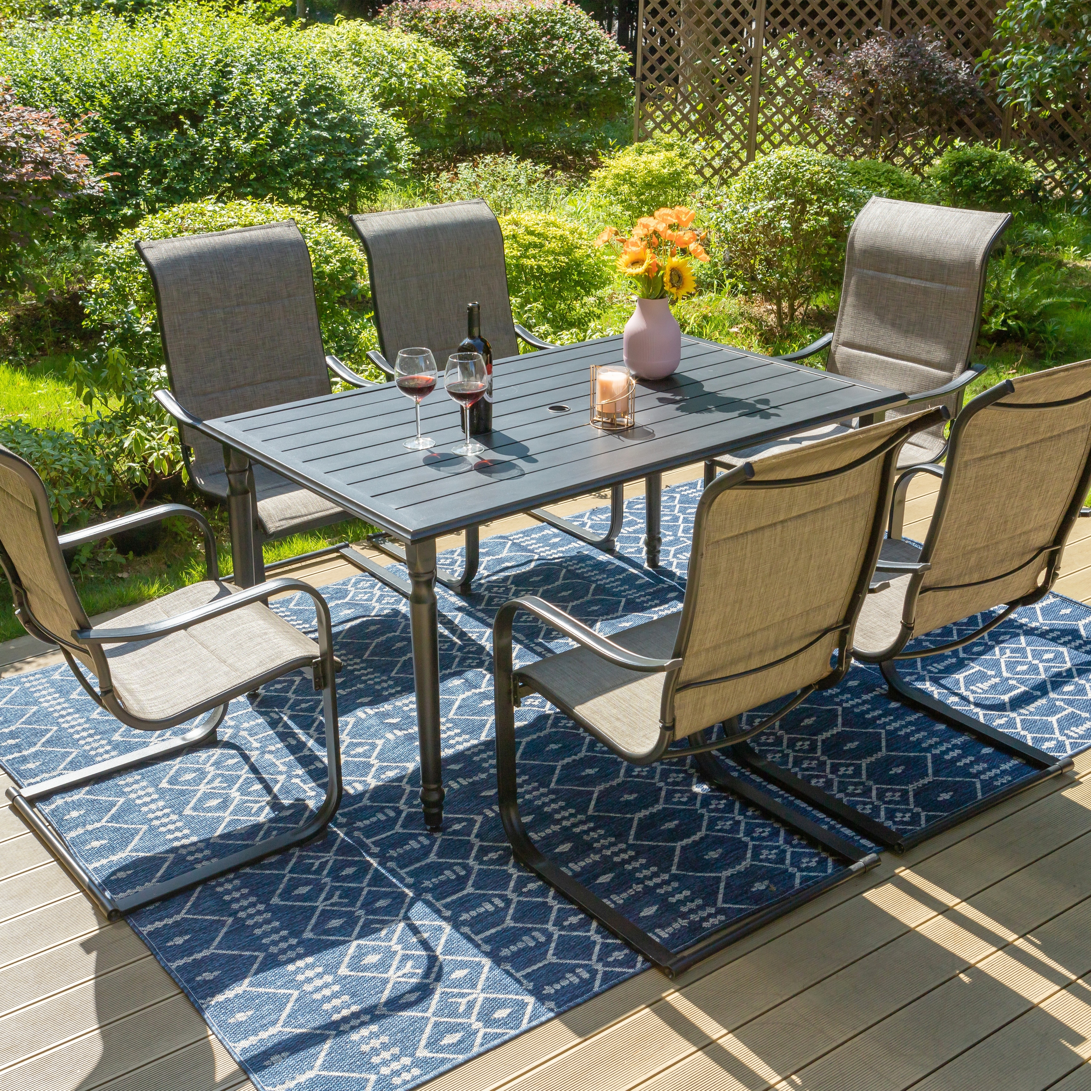 7-piece Patio Dining Sets   6 Textilene Fabirc Chairs And 1 Metal Table With Umbrella Hole