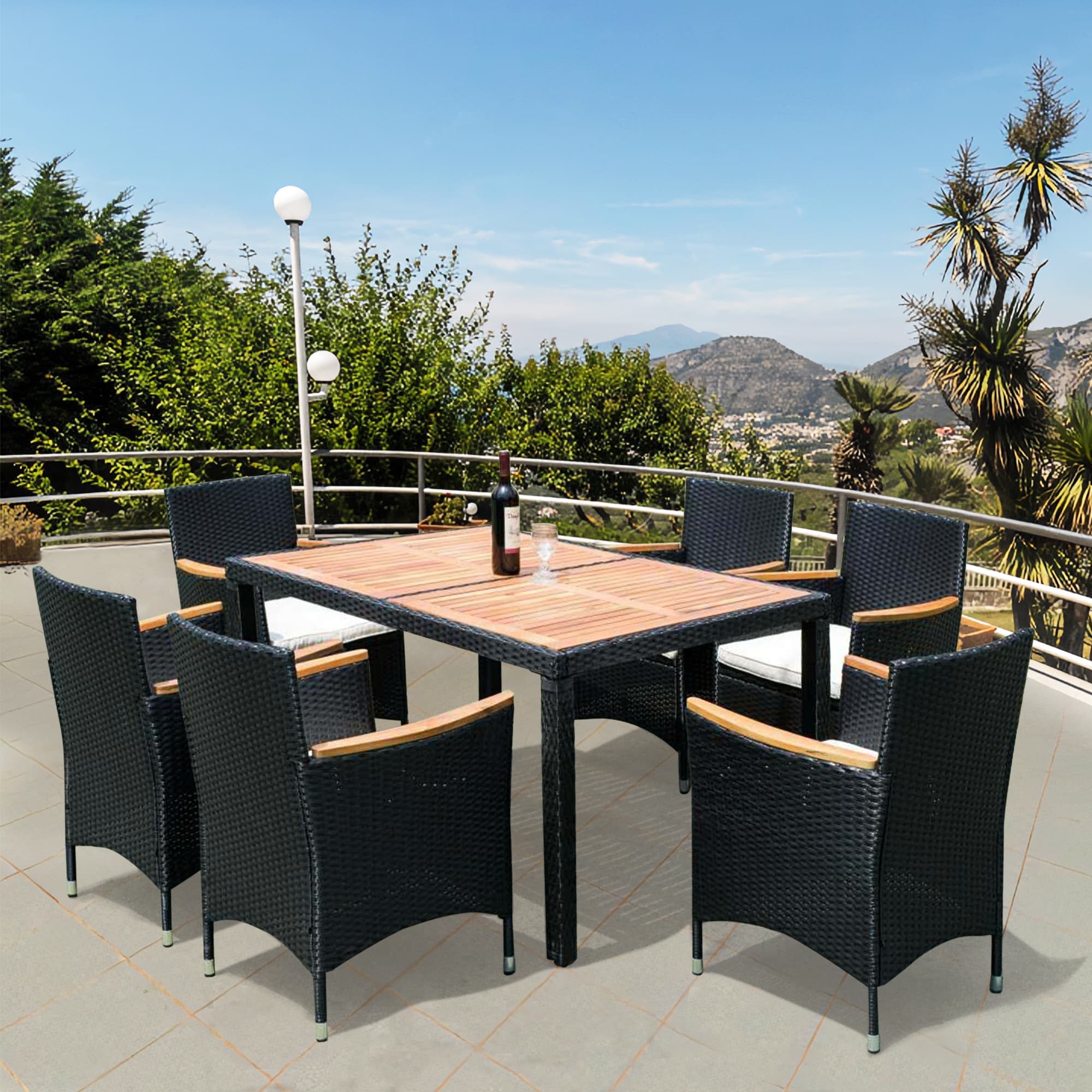 7- Piece Patio Wicker Dining Set  Patio Wicker Furniture Dining Set With Acacia Wood Top And High Back Ergonomic Chair  Black