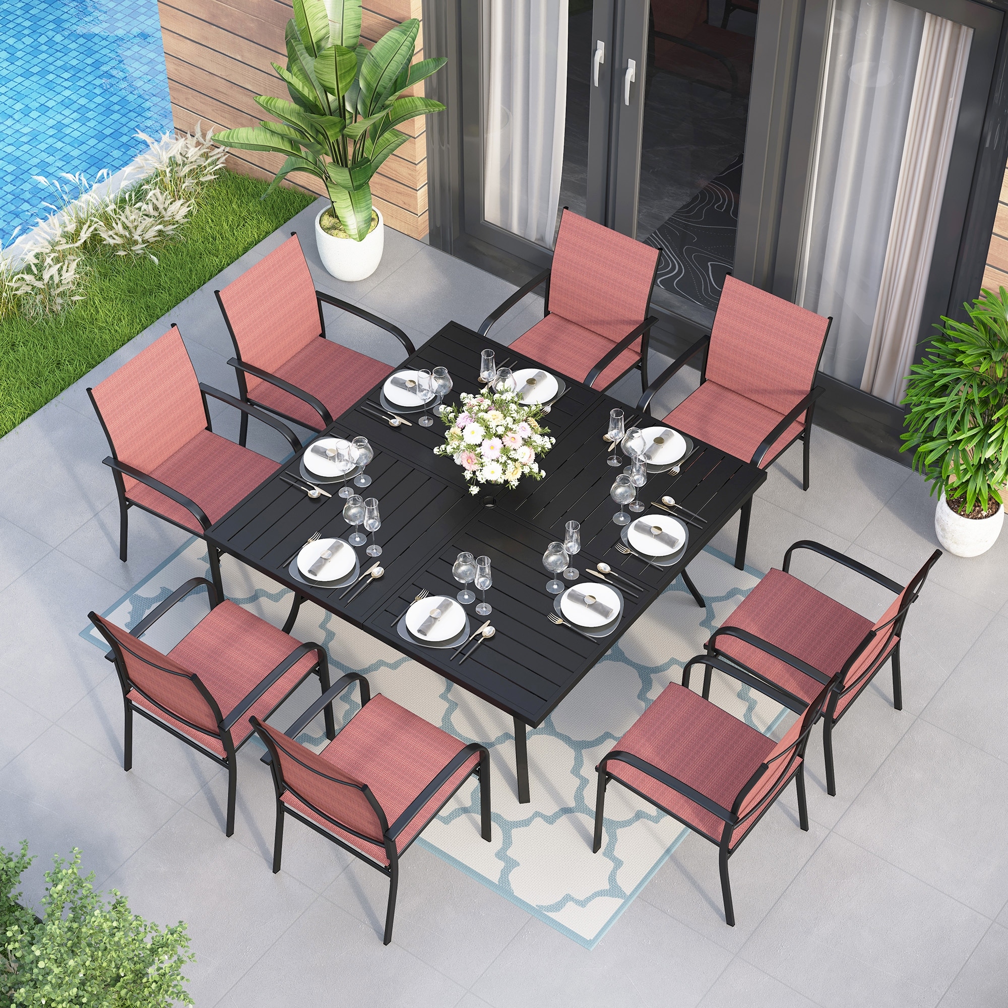 9-piece Patio Dining Set  60 Inch Square Metal Table And 8 Textilene Dining Chairs