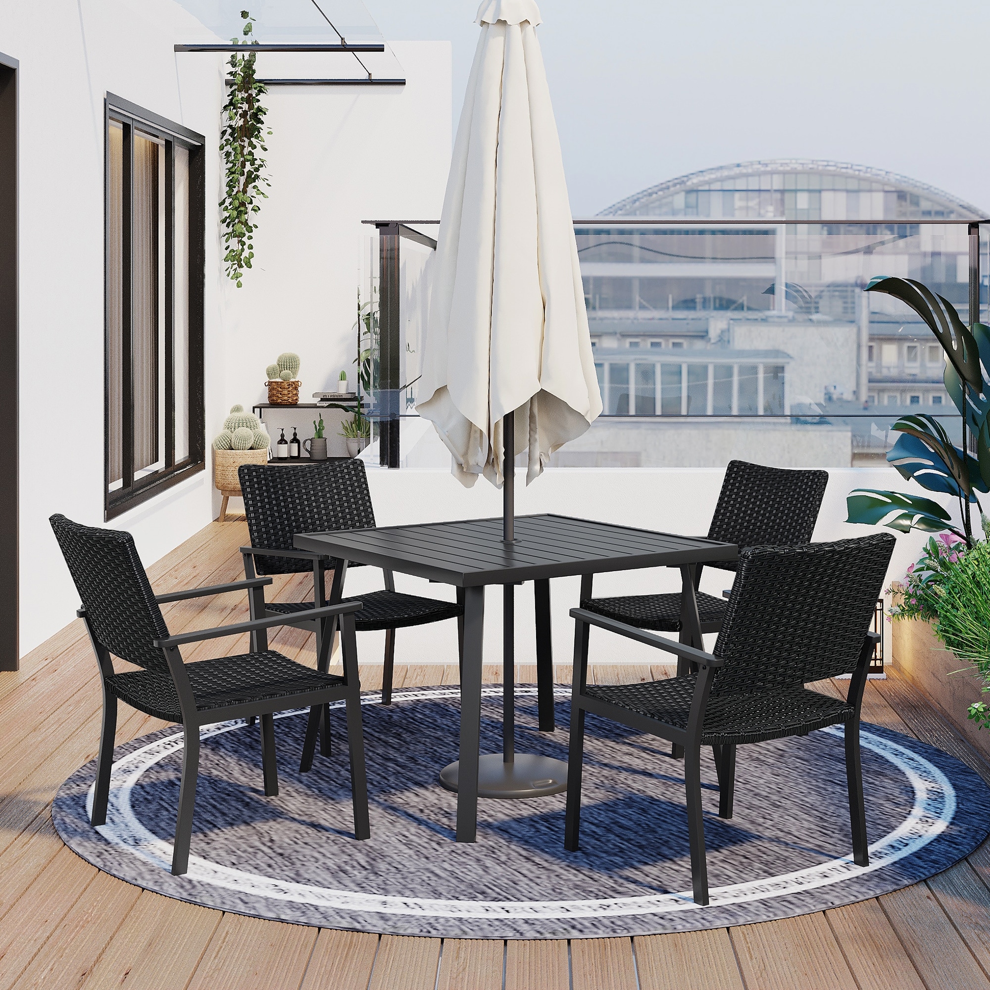5 Pcs Outdoor Patio Wicker Dining Sets With Umbrella Hole  Black