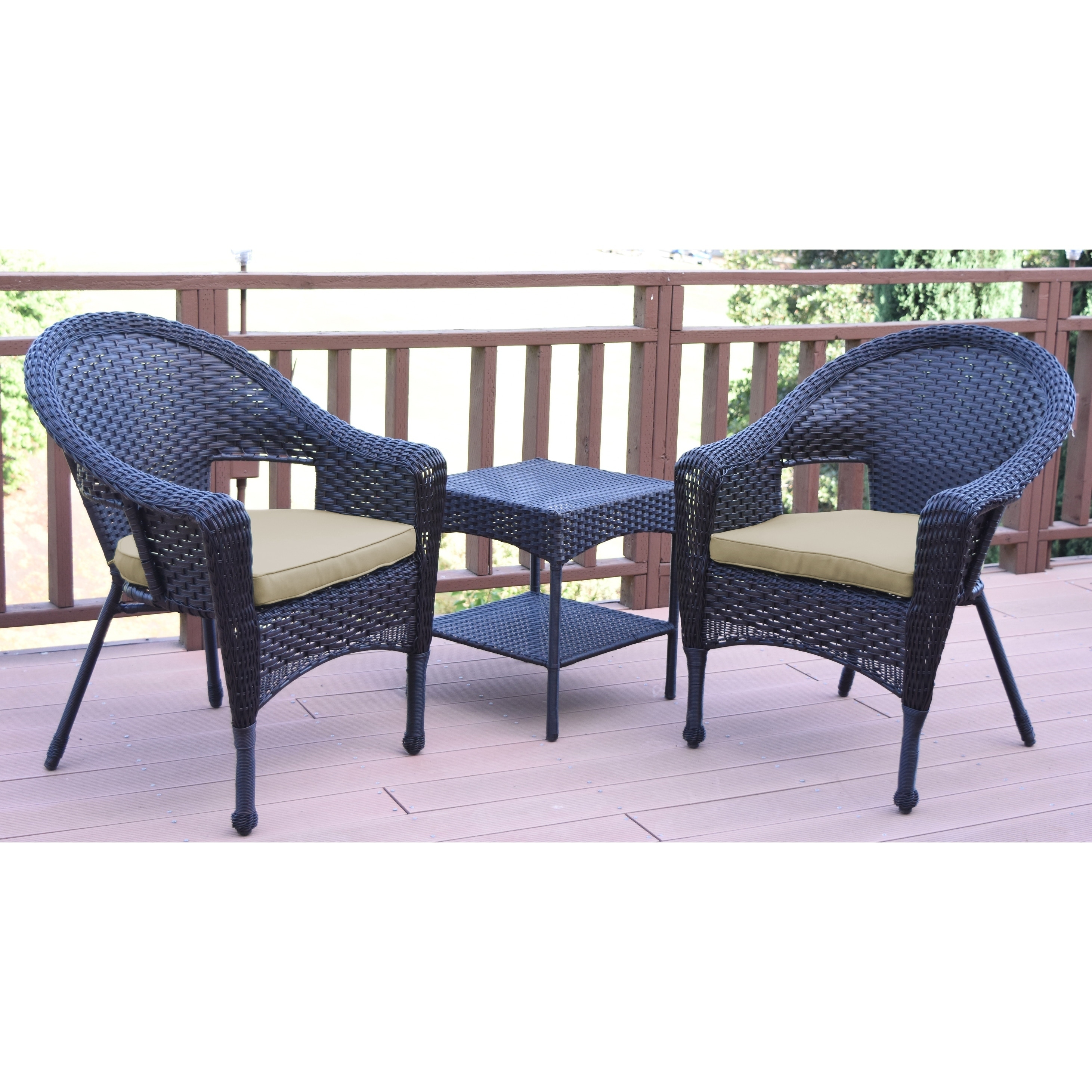 Set Of 3 Espresso Resin Wicker Clark Single Chair With 2 Inch Brown Cushion And End Table