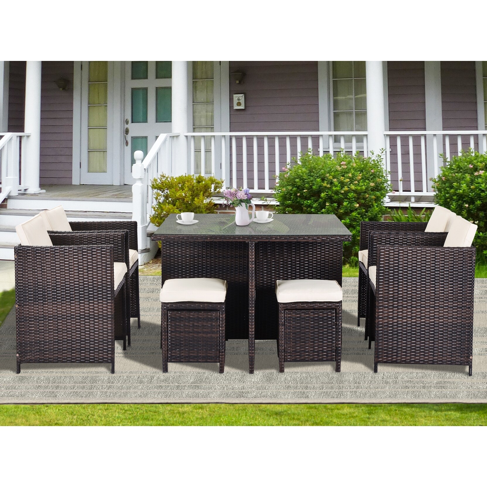 9pcs Patio Wicker Sectional Set With 1 Table&4 Chairs&4 Ottomans brown