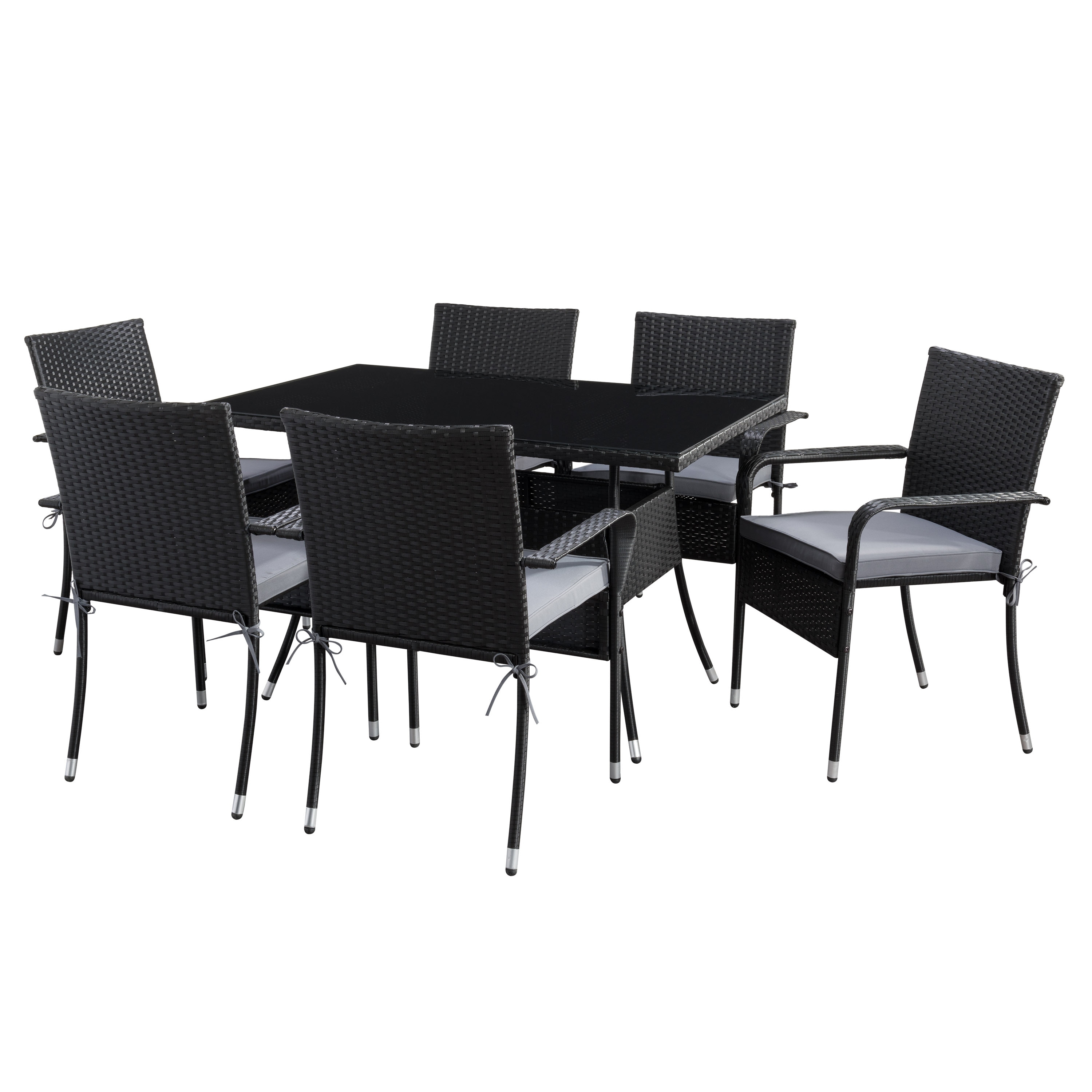 Corliving Parksville Rectangle Patio Dining Set With Stackable Chairs - Black Finish/ash Grey Cushions 7pc