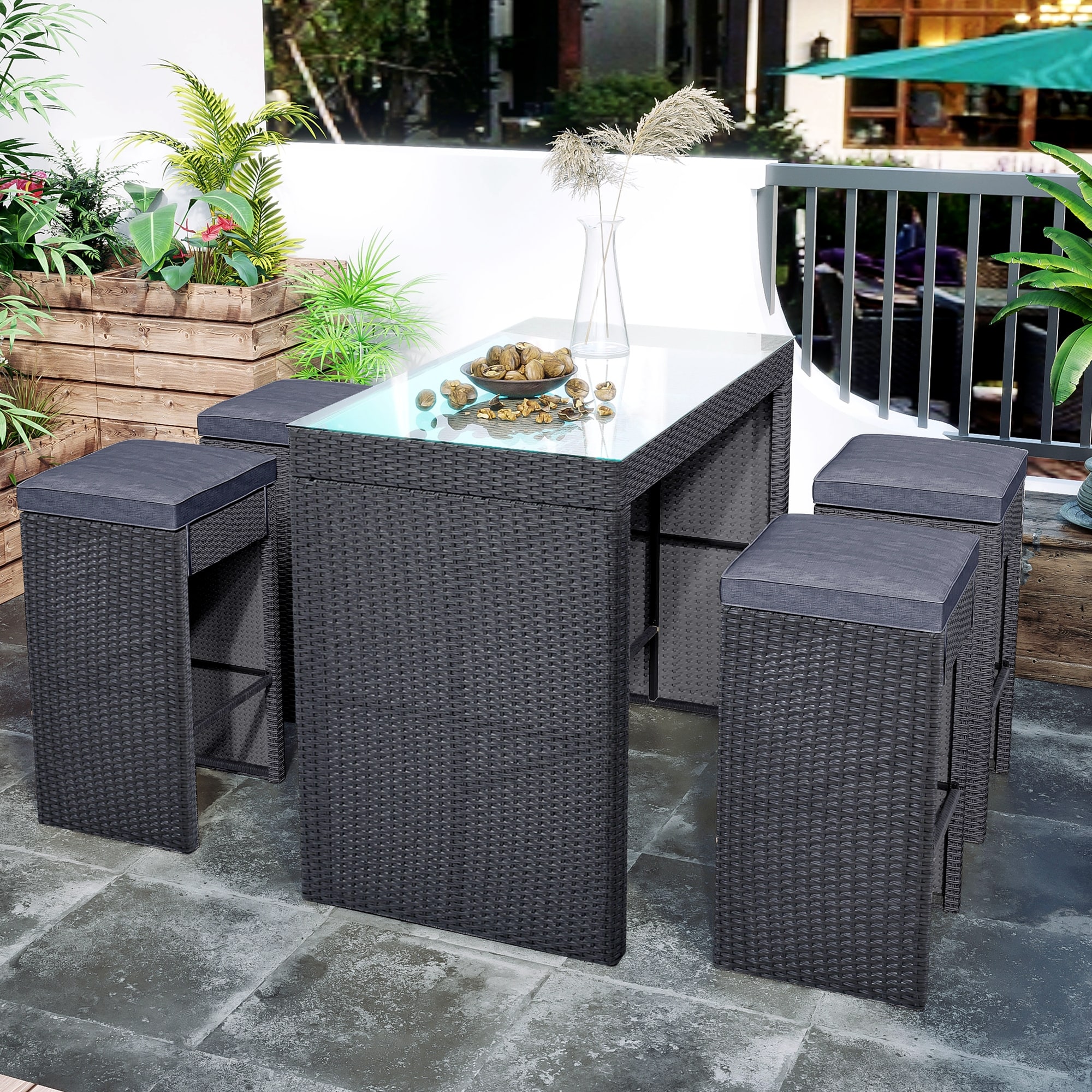 5-piece Rattan Outdoor Patio Furniture Bar Dining Table Set With 4 Stools And Cushion