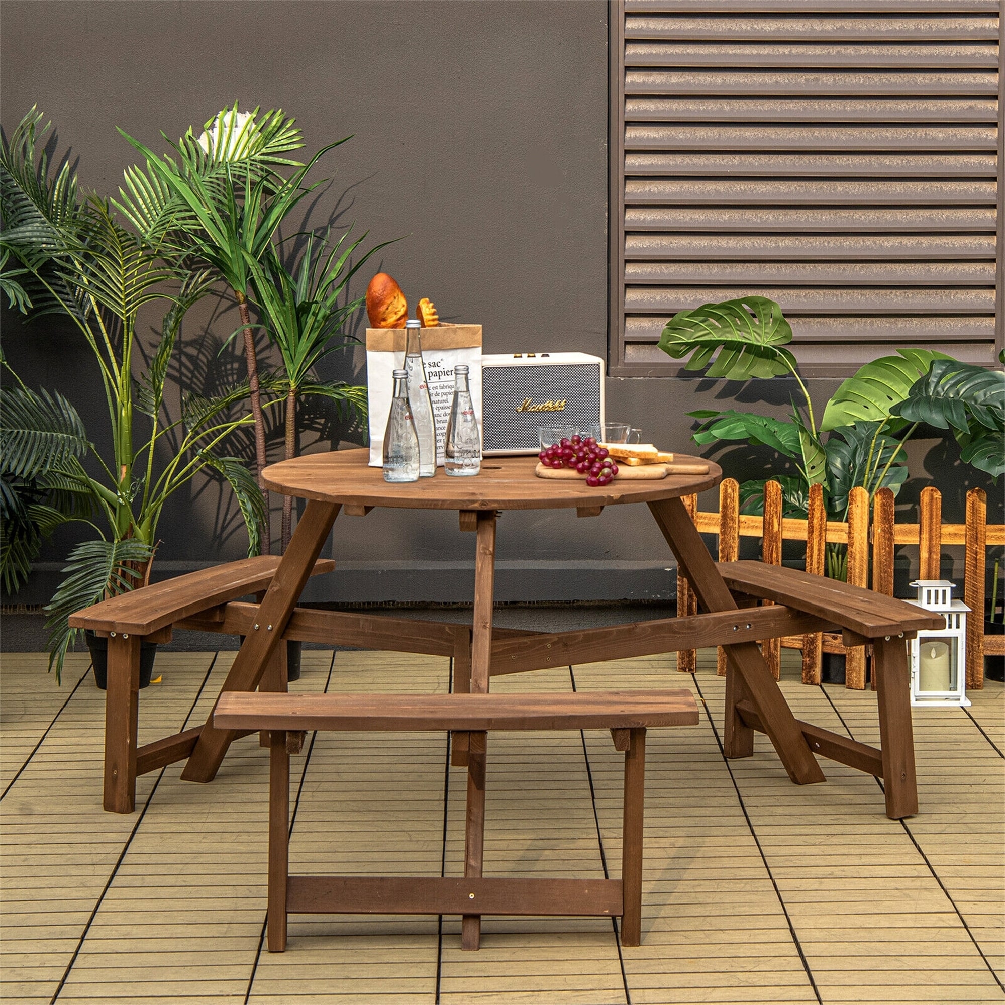 6-person Brown Round Wooden Picnic Table With Umbrella Hole And 3 Built-in Benches