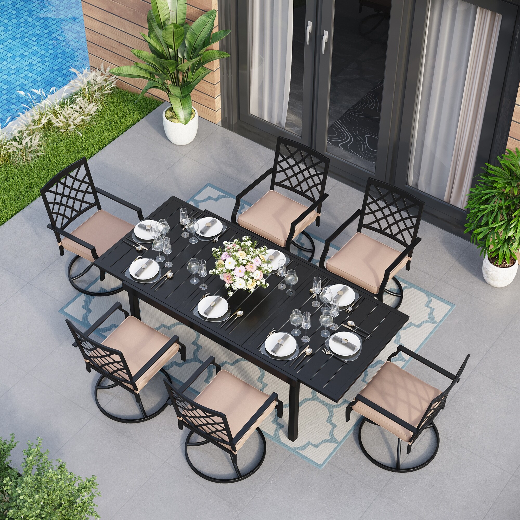 7/9 Pcs Outdoor Patio Dining Set  6/8 Armrest Stackable Swivel Chairs And Extendable Dining Table