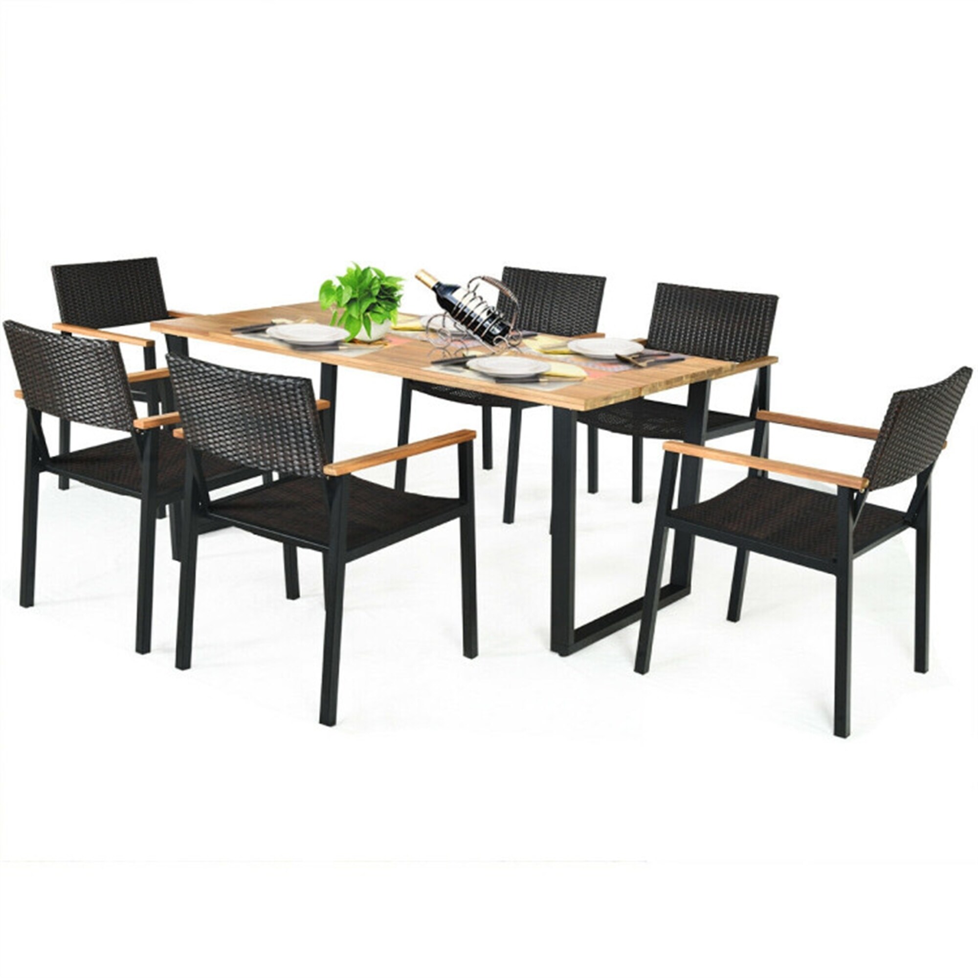 7 Pieces Outdoor Dining Set With Large Rectangle Acacia Wood Table Top