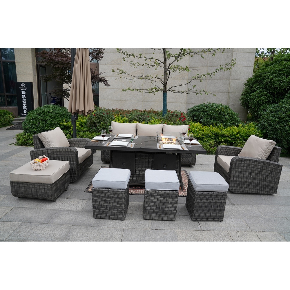 Gray Garden Patio Sofa And Rectangular Dining Set With Gas Firepit And Ice Bucket And Ottomans