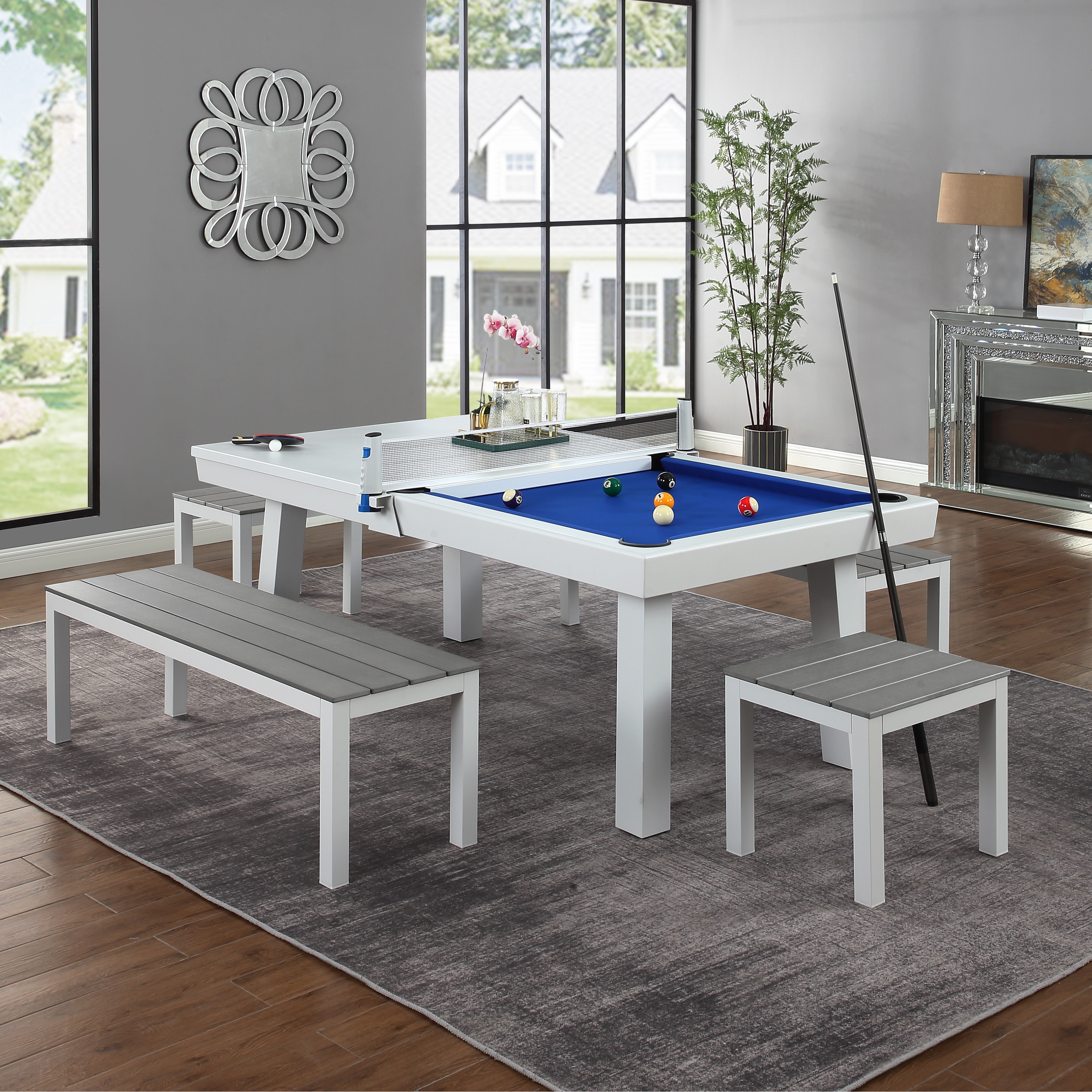 Newport Outdoor Patio 7ft Slate Pool Table 6-seater Dining Set With 4 Benches and Accessories  White Finish