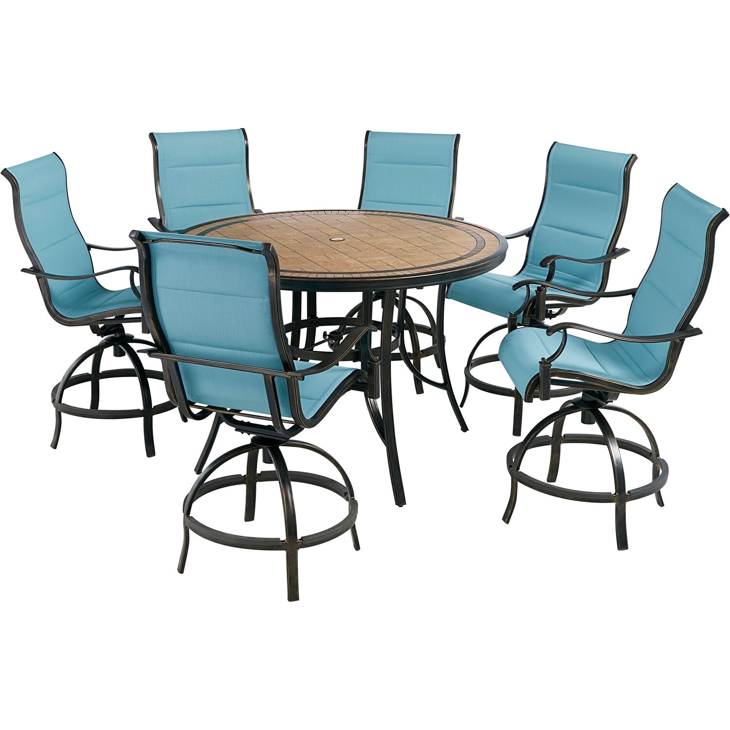 Hanover Monaco 7-piece High-dining Set In Blue With 6 Padded Counter-height Swivel Chairs And A 56-in. Tile-top Table