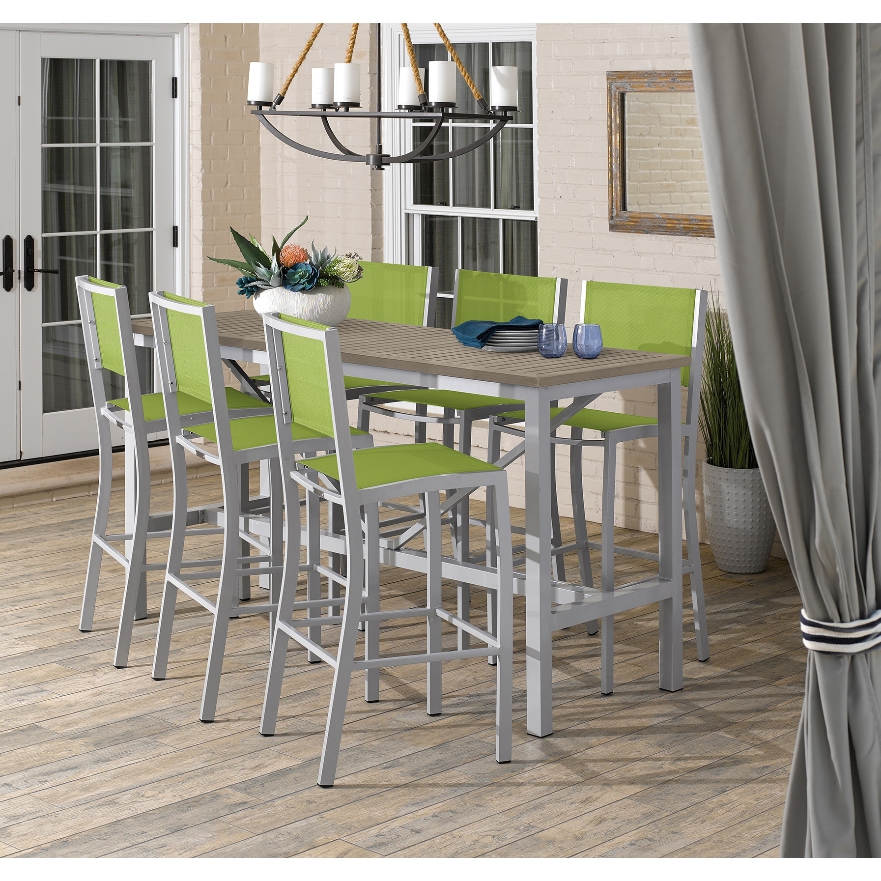 Oxford Garden Travira 7-piece 72-in X 30-in Tekwood Vintage Bar Table and Sling Bar Chair Set - Go Green Sling