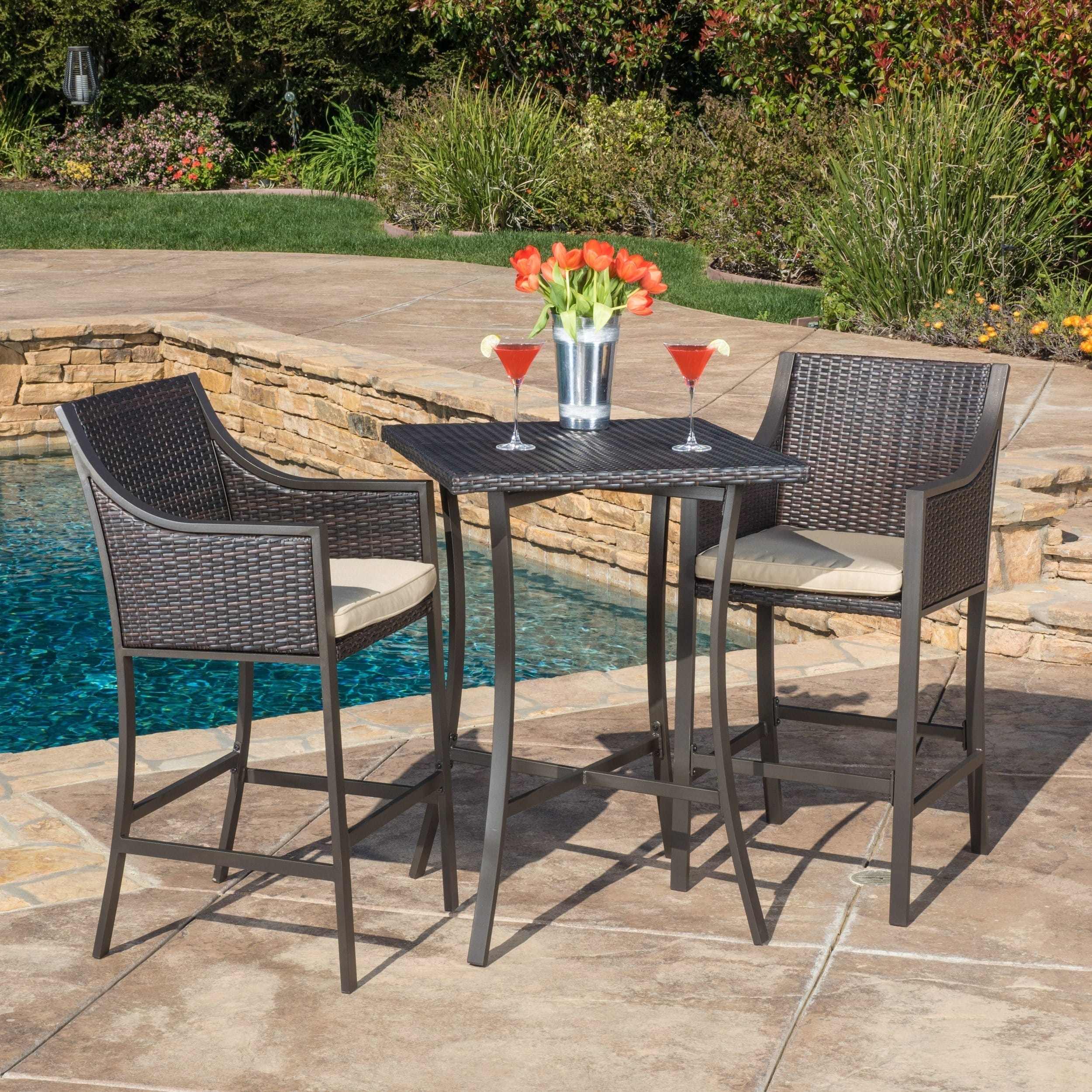 Riga Outdoor 3-piece Wicker Bistro Bar Set With Cushion By Christopher Knight Home