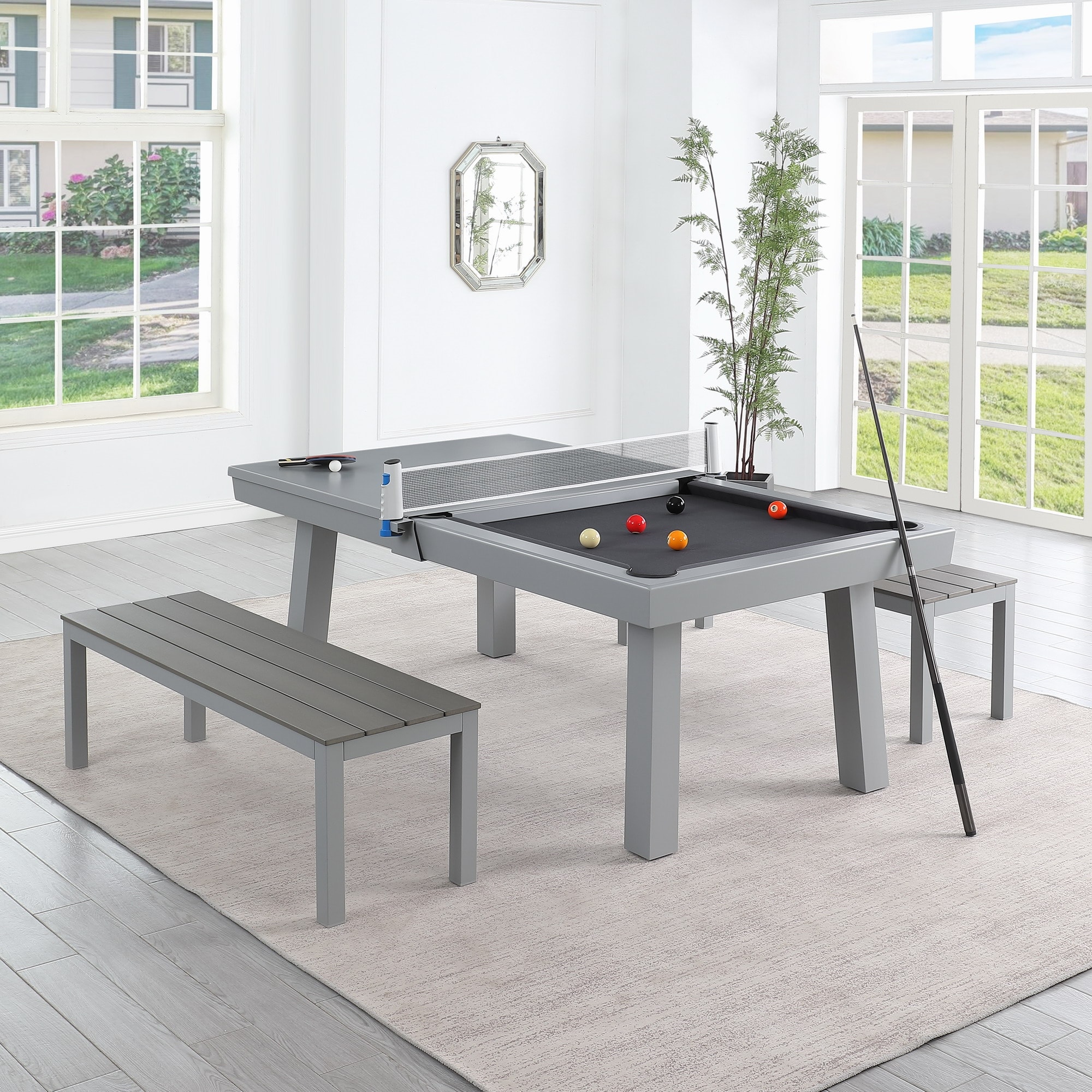 Newport Outdoor Patio 7ft Slate Pool Table Dining Set With 2 Benches and Accessories  Cement Finish